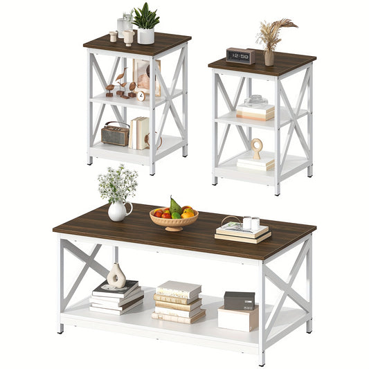 WuuFii 3pcs Living Room Table Set, Industrial Coffee Table with 2 Square End Side Tables, Coffee Table Set with Metal Frame for Apartment Home Office, Rustic Brown
