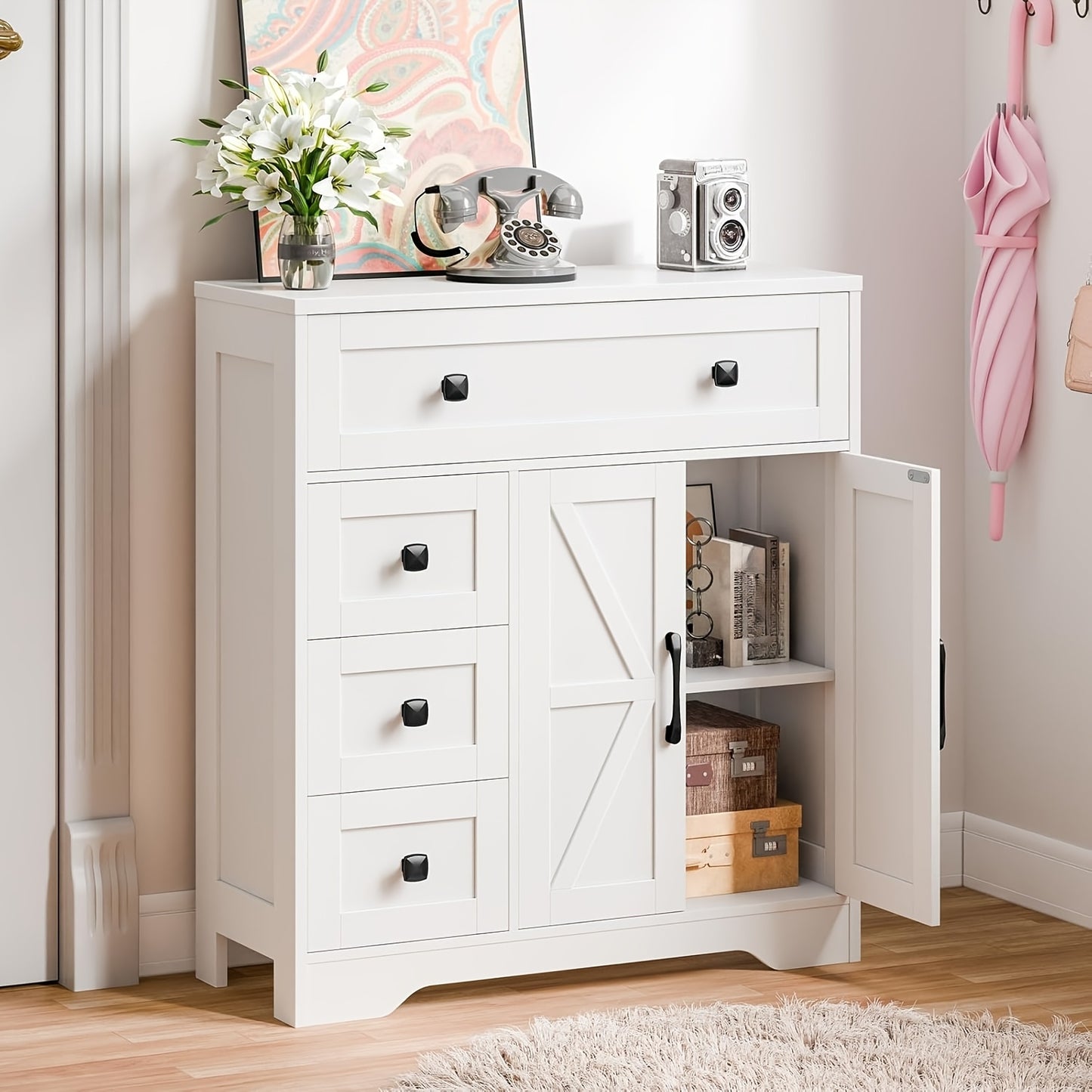 2 Door 4 Drawer Storage Cabinet Freestanding Bathroom Kitchen Organizer with Adjustable Shelves, Multi-Purpose Floor Cupboard for Living Room, Bedroom, Bathroom, Kitchen Pantry - Modern Home Storage Hutch