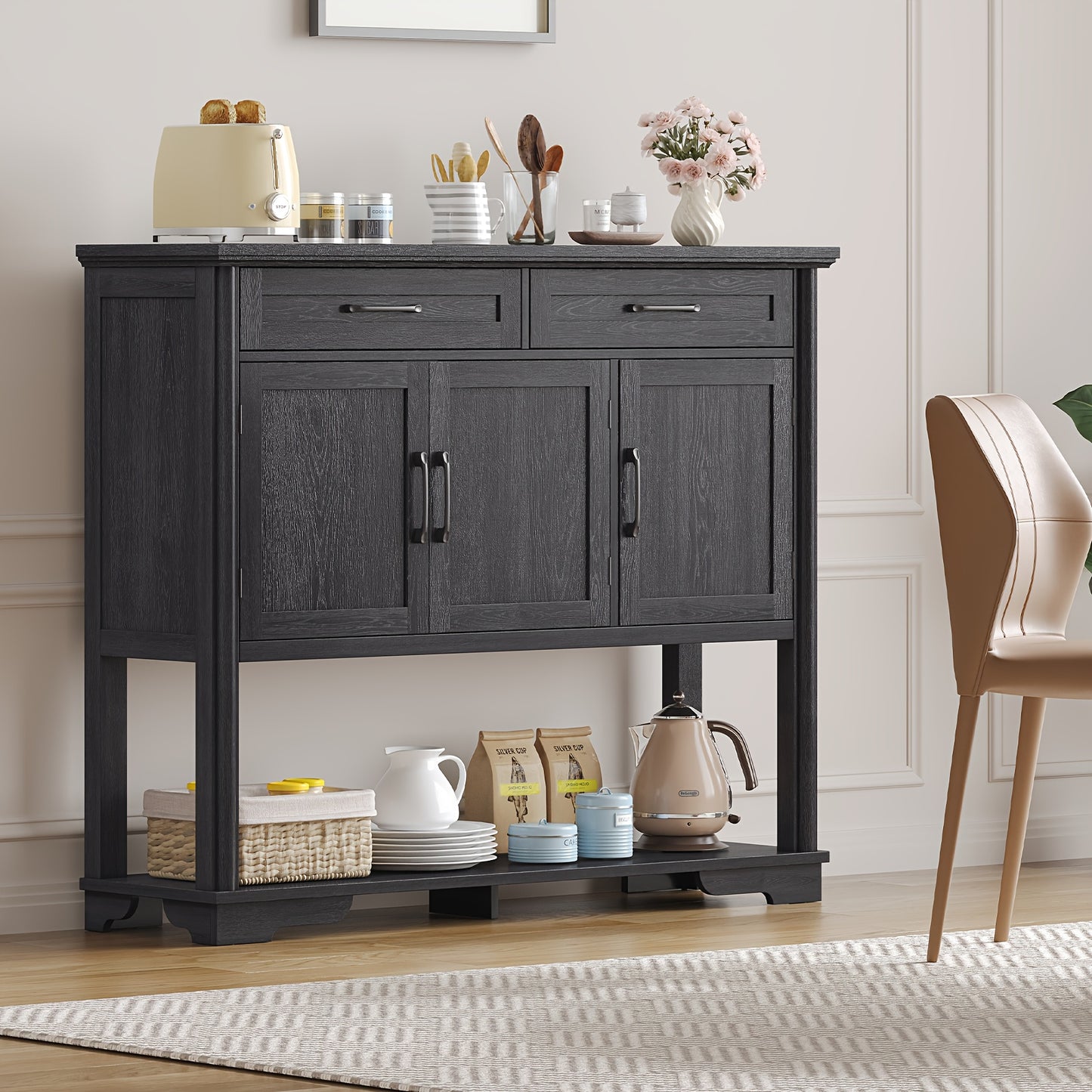 47.2 Inch Buffet Sideboard With Storage, Console Table With 2 Drawers And 3 Doors, Open Storage Shelf, Farmhouse Entryway Table With Adjustable Shelves, Coffee Bar Buffet Cabinet For Kitchen, Living Room, Black