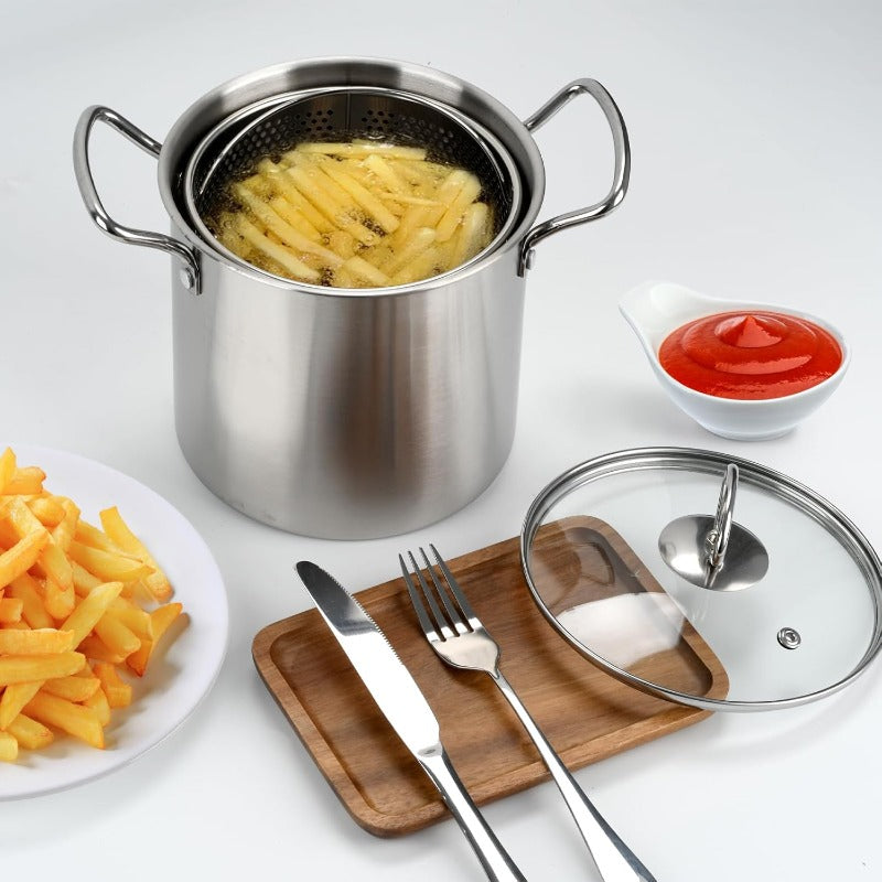118.35oz Stainless Steel Deep Fryer Pot with Lid & Basket - Heavy-Duty Commercial/Residential Large Frying Pan, Oil Drip Drainer System, Sturdy Handle for Kitchen, Restaurant, Party, Picnic - No Required