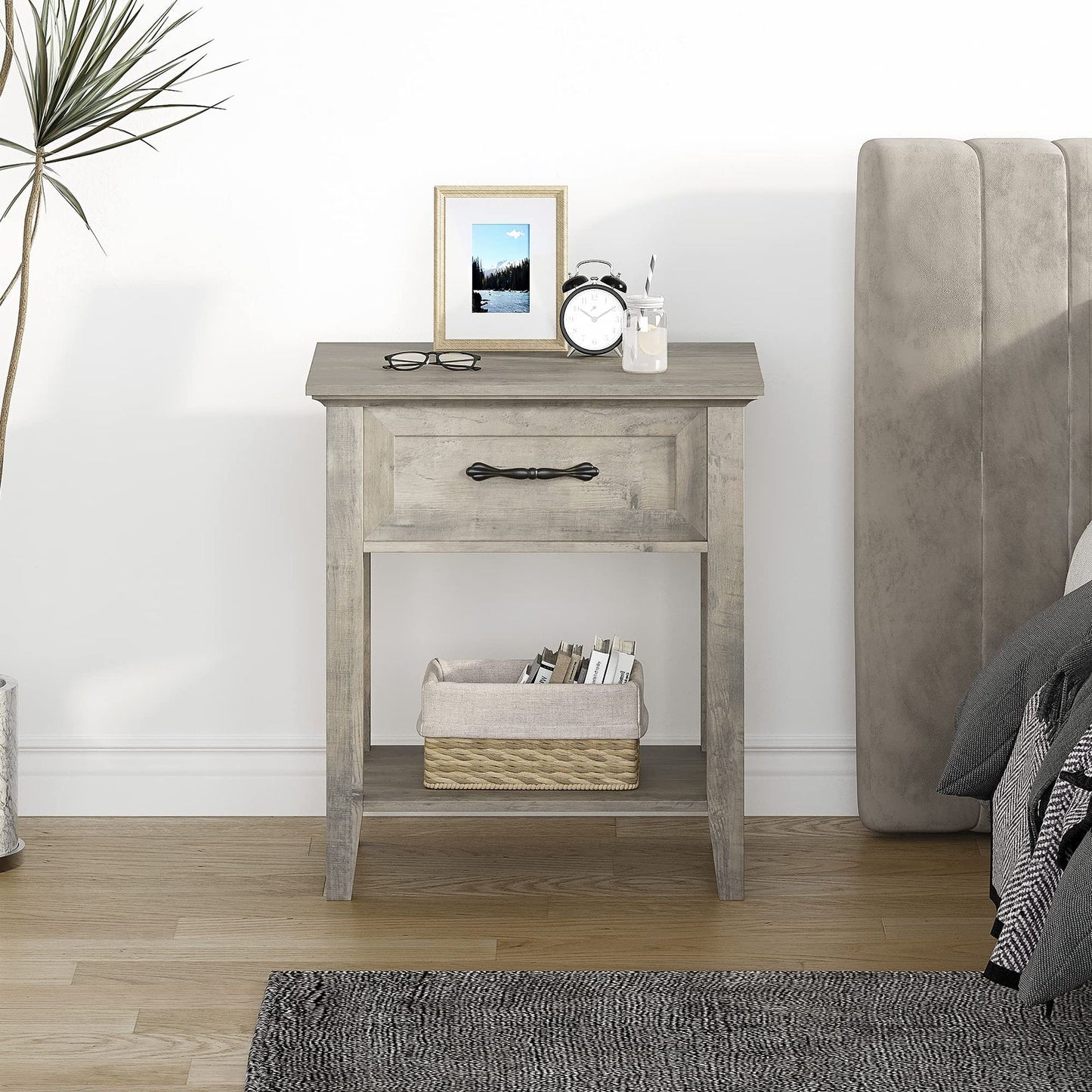 Modern Industrial Side Table with Storage Drawer & Open Shelf - Bedside Table Suitable for Bedroom, Living Room, Dorm - Easy Assembly Compact Furniture with Low Profile, Space-Saving Cabinet/Shelf Unit