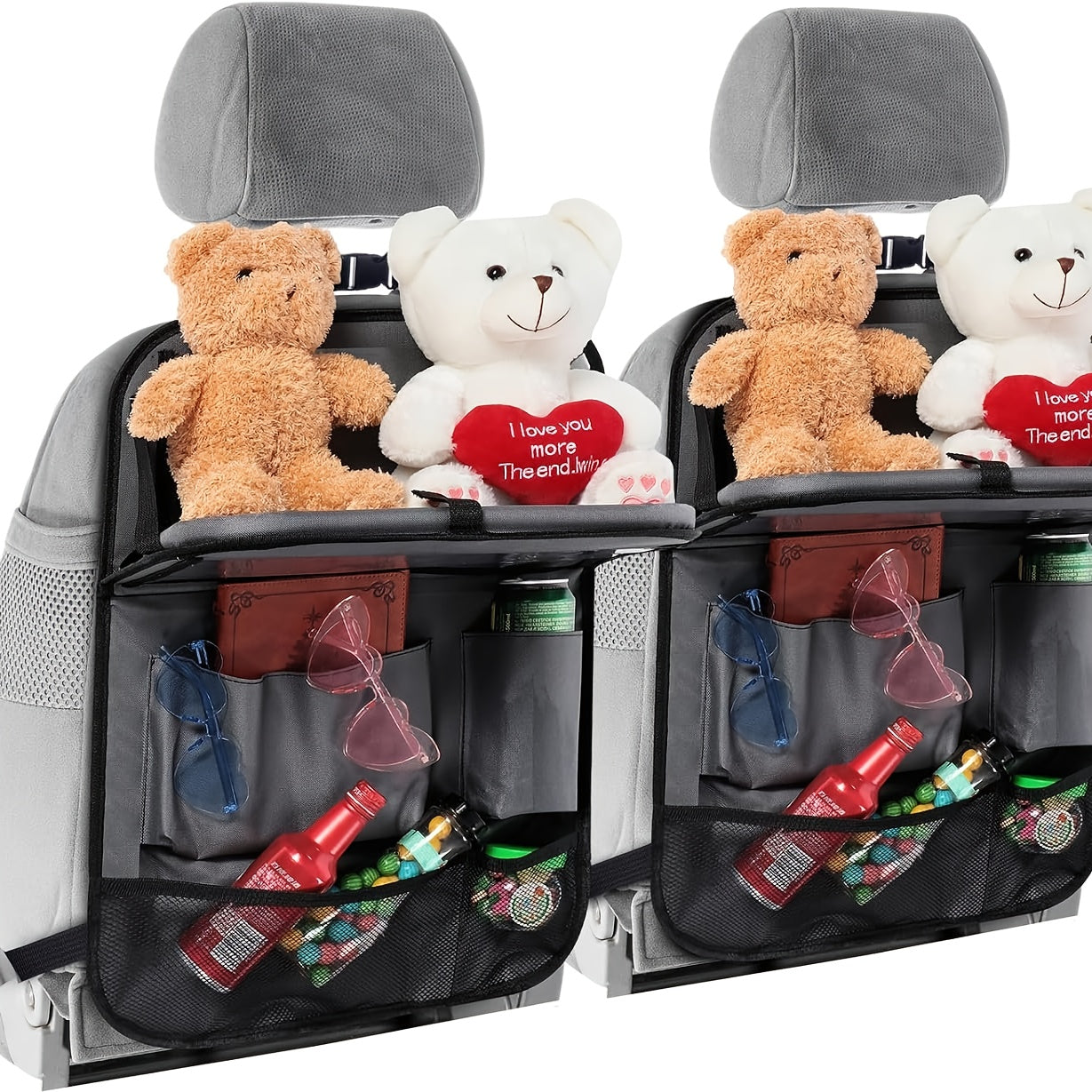 2-Count Backseat Car Organizer with Table Tray & Tablet Holder - 6 Storage Pockets, Kick Mats Protectors, Durable Faux Leather, Classic & Grey, Unisex Travel Accessories for Family Vehicles, Vehicle Organization, Sleek Design