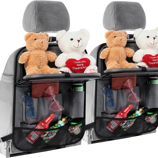 2-Count Backseat Car Organizer with Table Tray & Tablet Holder - 6 Storage Pockets, Kick Mats Protectors, Durable Faux Leather, Classic & Grey, Unisex Travel Accessories for Family Vehicles, Vehicle Organization, Sleek Design