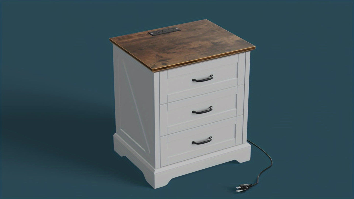 Farmhouse Night Stand Set Of 2 with 3 Drawers, End Table with Charging Station, Wood Rustic Side Table for Bedroom, Living Room White/Cherry/Grey