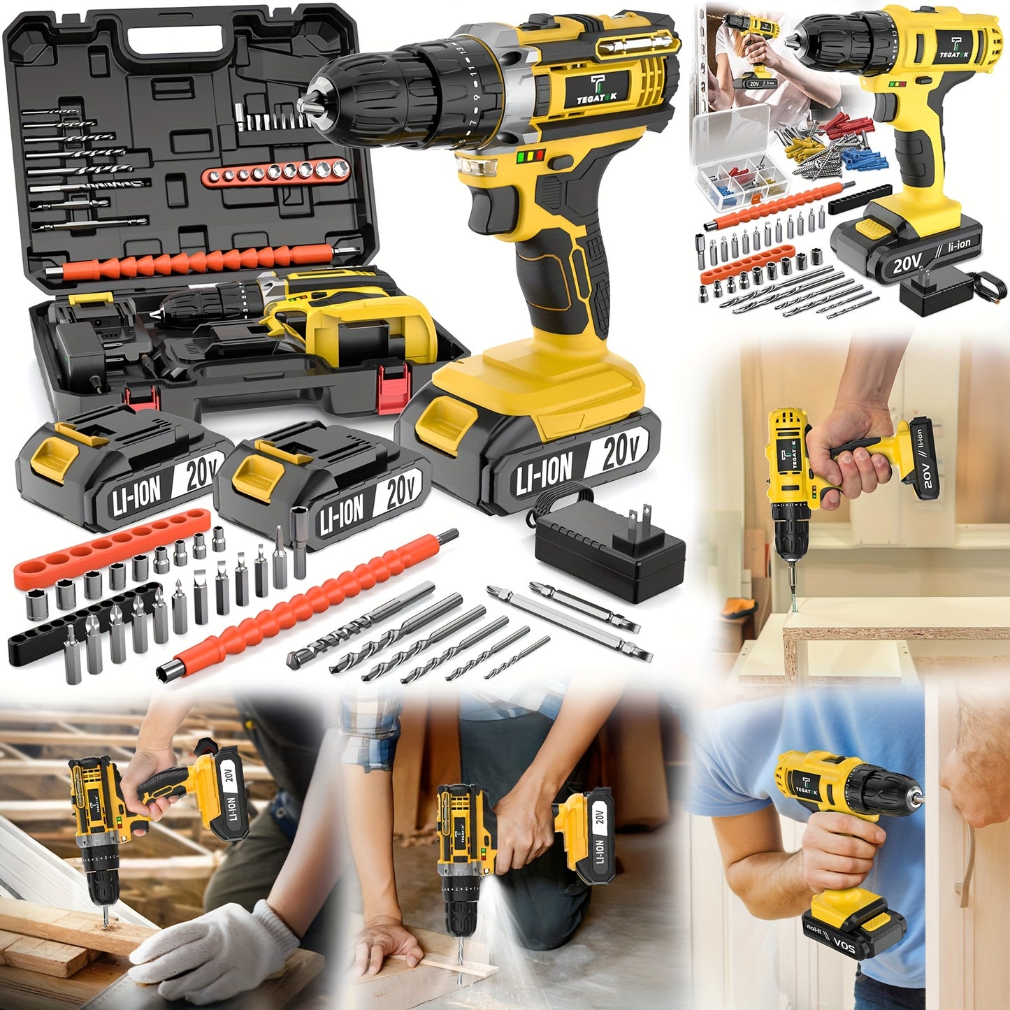 20V Cordless Drill Set, Impact Power Drill with 3/8 Inch Keyless Chuck, 18+3 Clutch Electric Drill with Work Light, Max Torque 45Nm, 2-Variable Speed & 2.0AH Batteries And Fast Charger, Bits Set And Box for, Home Repair, Gift