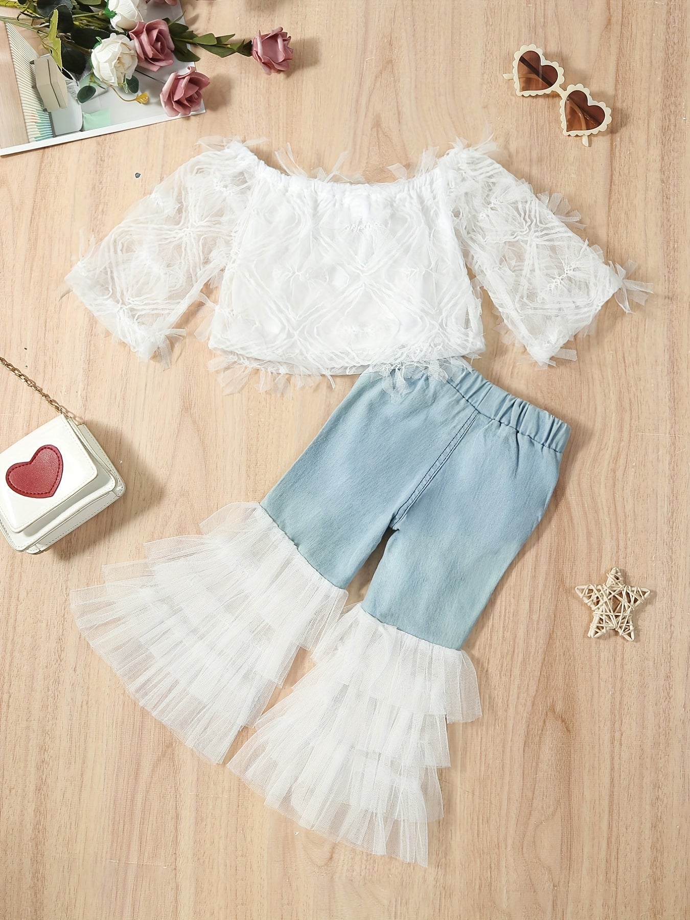 White Lace Off-The-Shoulder Top with Faux Denim Bell Bottom Faux Denim, Tulle Trim Halloween Christmas Outfit, for Outdoor