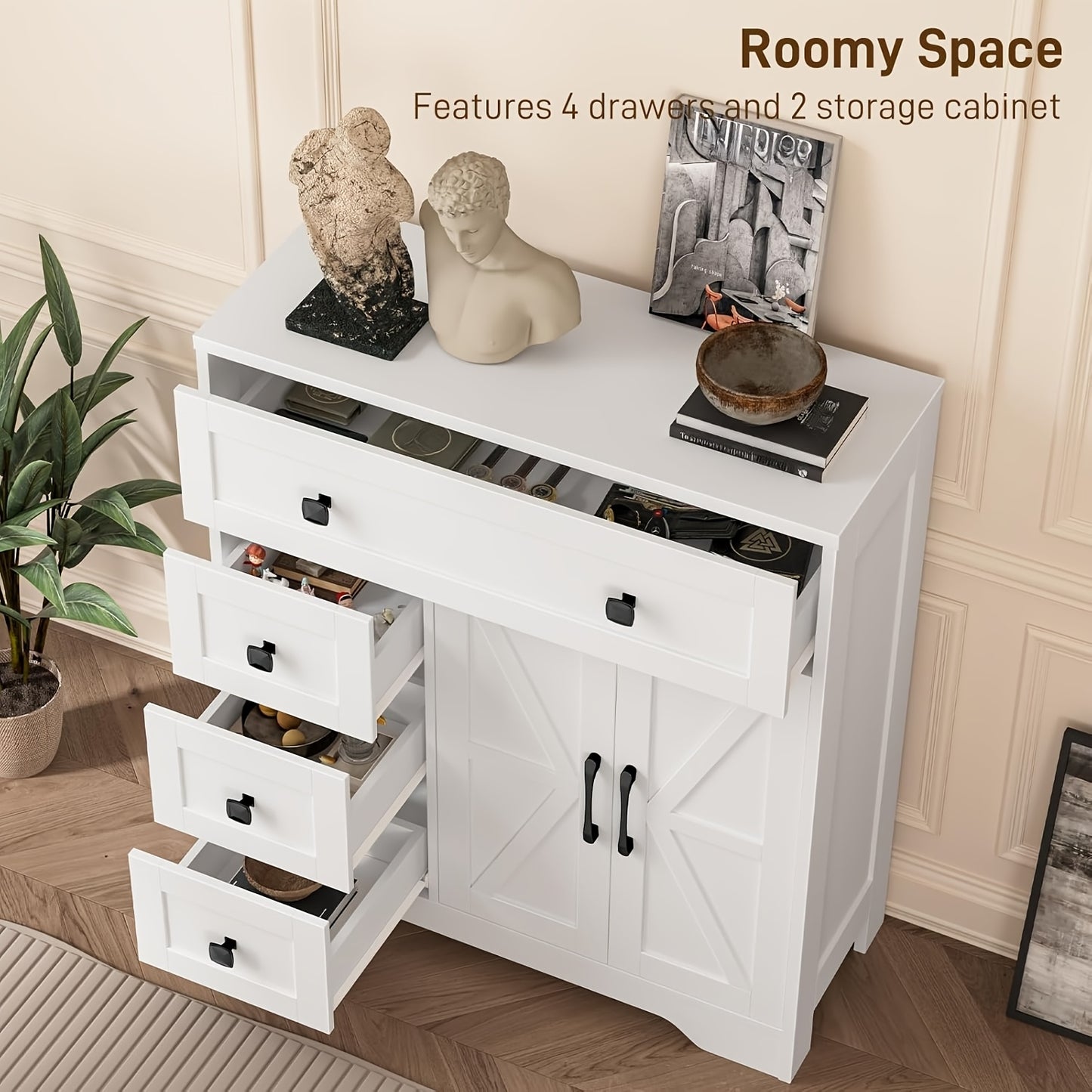 2 Door 4 Drawer Storage Cabinet Freestanding Bathroom Kitchen Organizer with Adjustable Shelves, Multi-Purpose Floor Cupboard for Living Room, Bedroom, Bathroom, Kitchen Pantry - Modern Home Storage Hutch