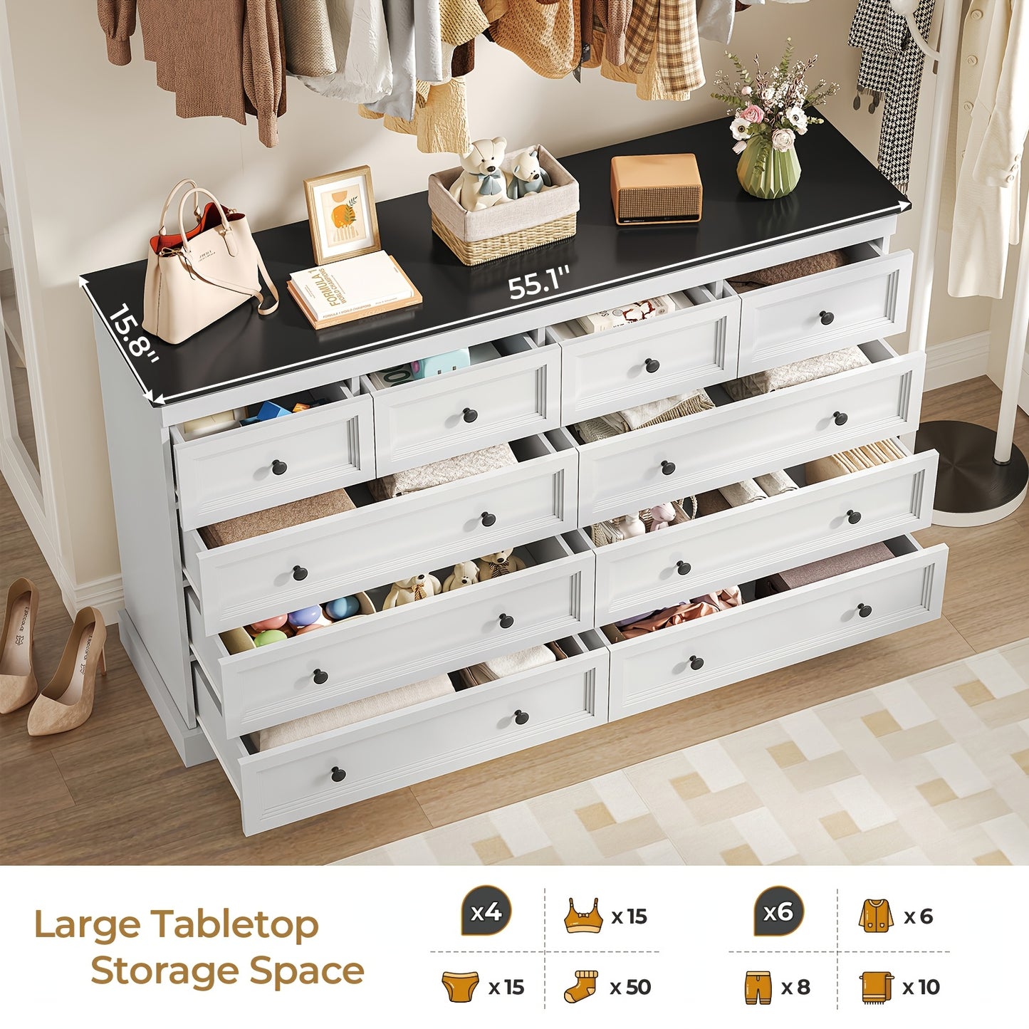 55" Wide 10-Drawer Metal Dresser - Modern White & Black Chest of Drawers, Freestanding Storage Cabinet for Bedroom, Living Room, Entryway, Easy Assembly, Compact Design Under 27" Height