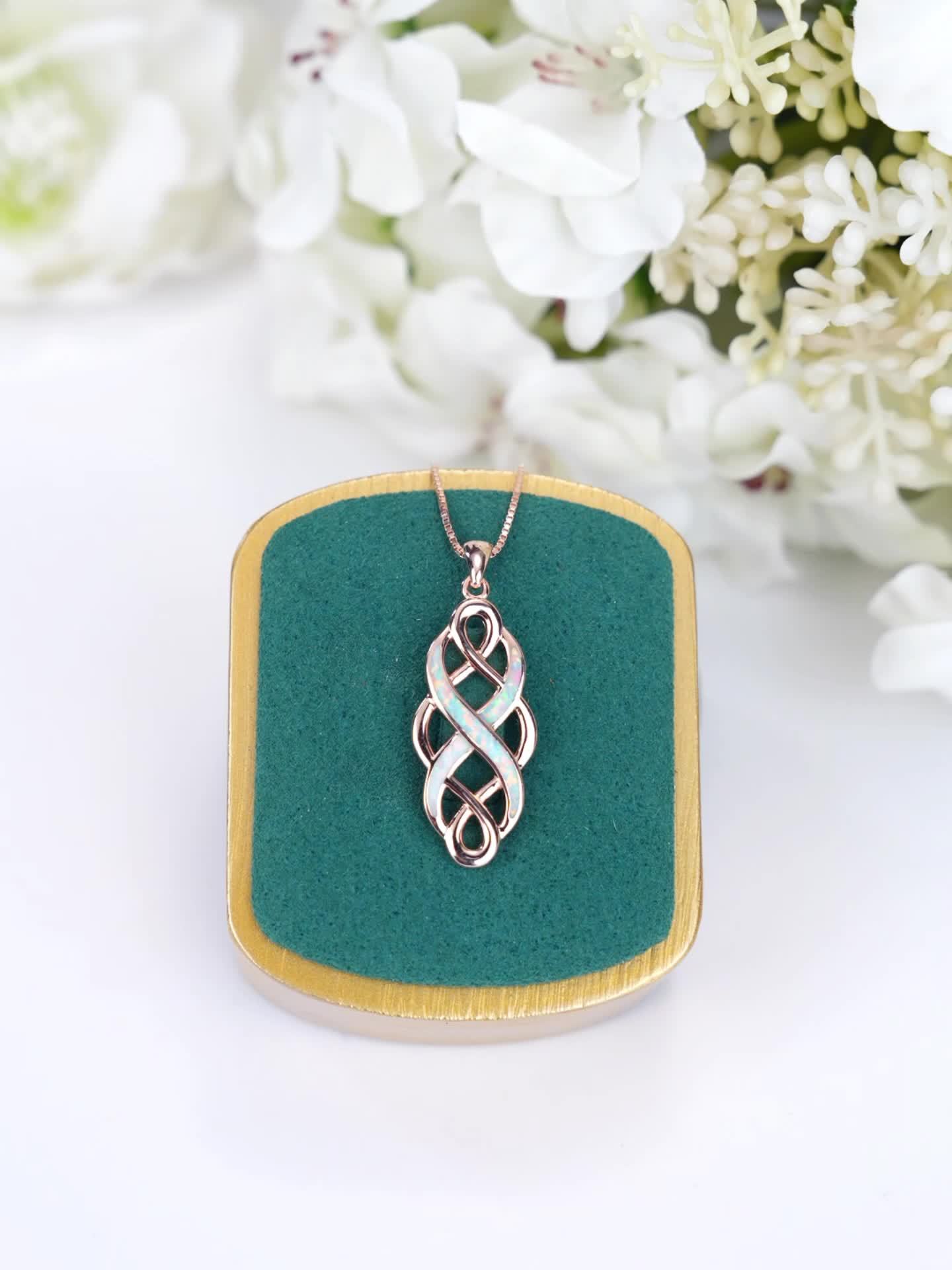 YFN Irish Celtic Knot Created Opal Pendant Necklace Sterling Silver Black Necklaces For Women Men 18"