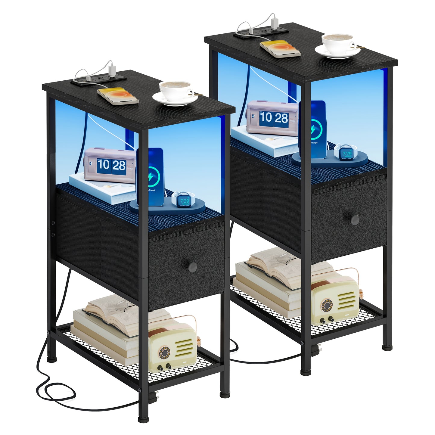 WHONLINE 1pc/2pcs Narrow Night Stand With Charging Station, End Table, Narrow Side Table With 1/2 Fabric Drawers, Skinny Nightstand With Storage, For Living Room, Small Spaces, School And Dormitory Storage, Brown And Black, F