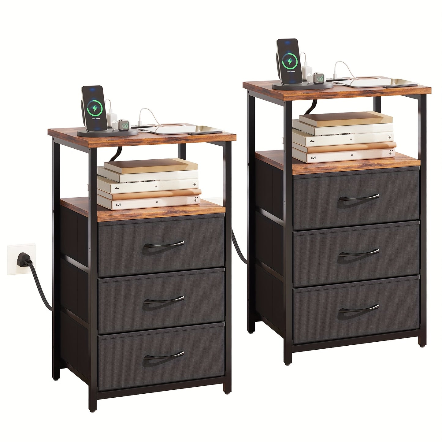 WHONLINE 1/2pcs Night Stand With Charging Station, Nightstand 1/2 Set With 3 Fabric Drawers, End Table With Storage, Night Stand For Bedroom, School And Dormitory Storage, Black End Table, Heavy Duty Night Stand, For Hallowee
