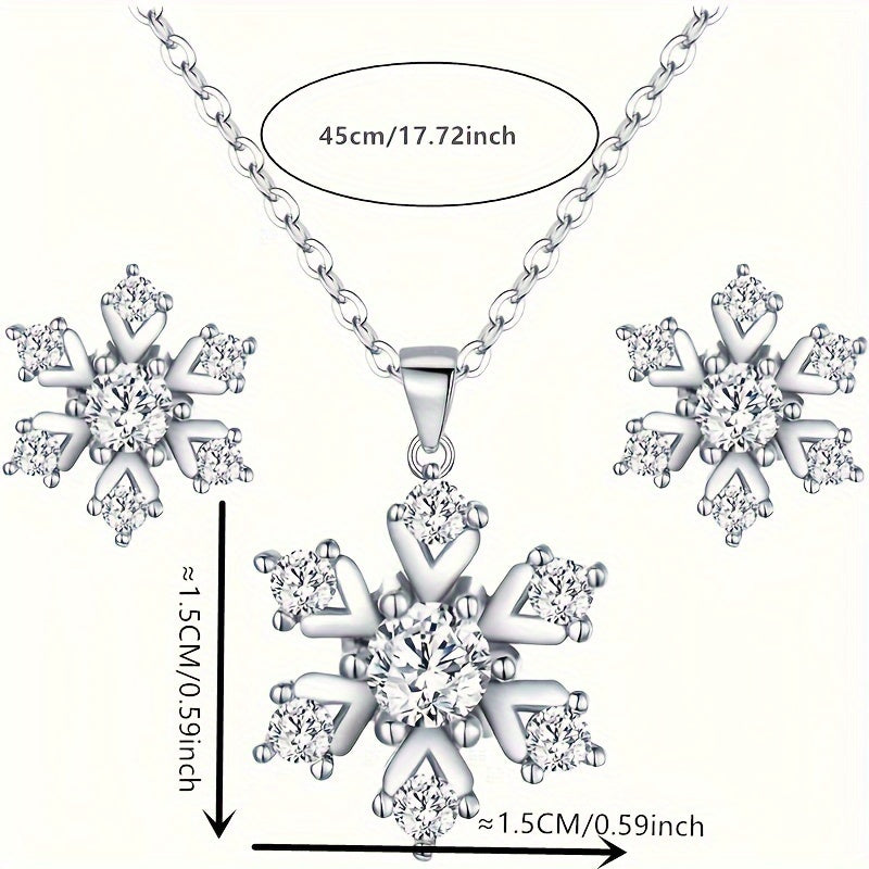 2pcs Snowflake Necklace Earrings Jewelry Set for Women Pendant Necklace Stud Earrings Set Clear Gift for Valentines Day/ Anniversary/ Mothers Day/ Birthday/ Christmas