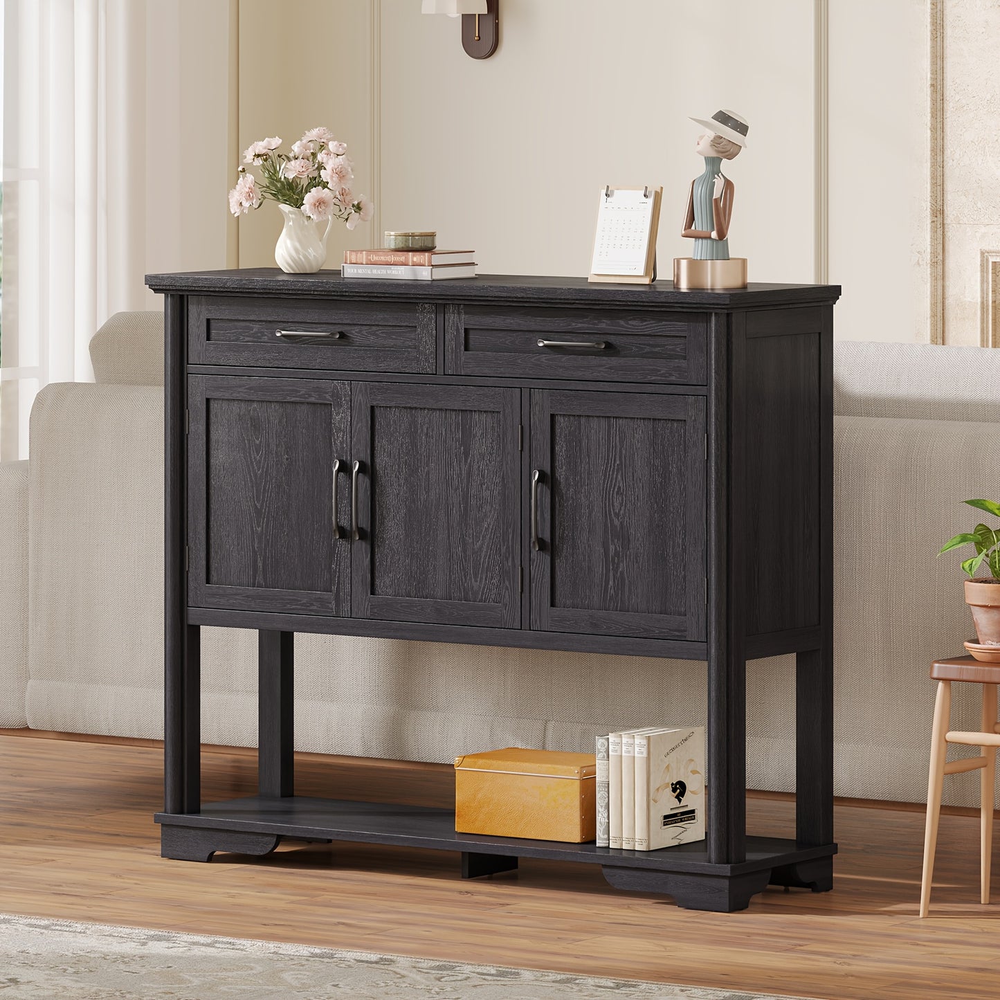 47.2 Inch Buffet Sideboard With Storage, Console Table With 2 Drawers And 3 Doors, Open Storage Shelf, Farmhouse Entryway Table With Adjustable Shelves, Coffee Bar Buffet Cabinet For Kitchen, Living Room, Black
