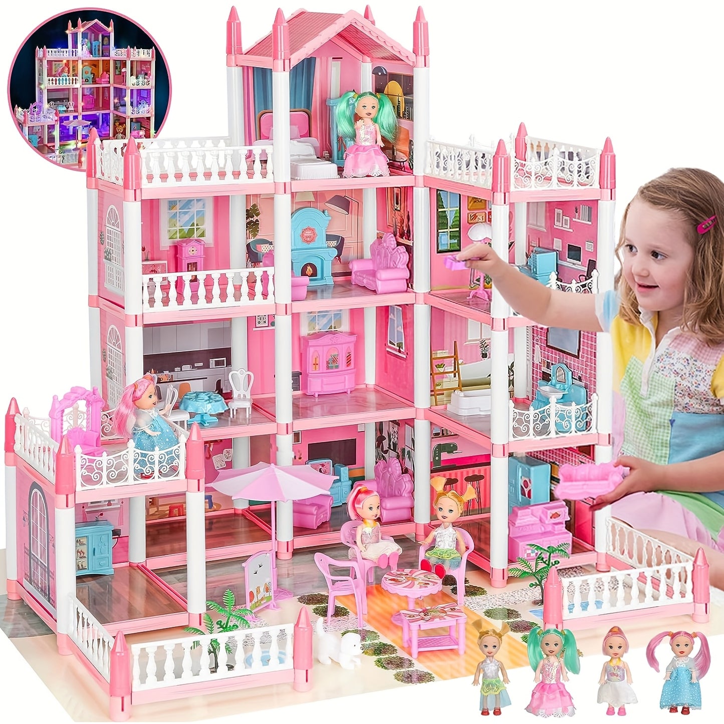 Doll House, Dollhouse for Girls Pretend-Play DIY Dollhouse Kit - 4-Story 11 Rooms Playhouse with 4 Dolls Toy Figures, Furniture And Accessories Set Gift Toy for Kids Ages 3 4 5 6 7 8+