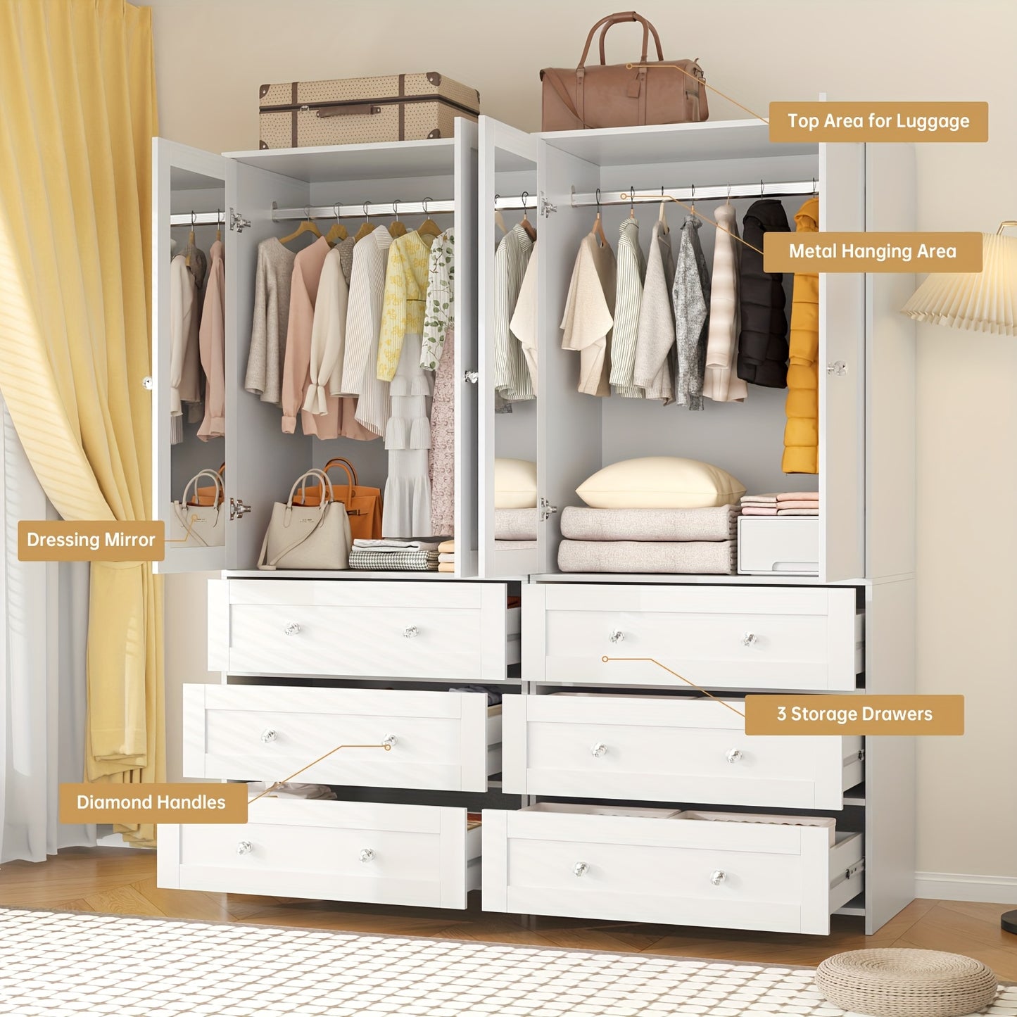 71" Wardrobe Armoire Closet with Mirror, 3/6 Large Drawers & 2/4 Doors, Gifts for Christmas