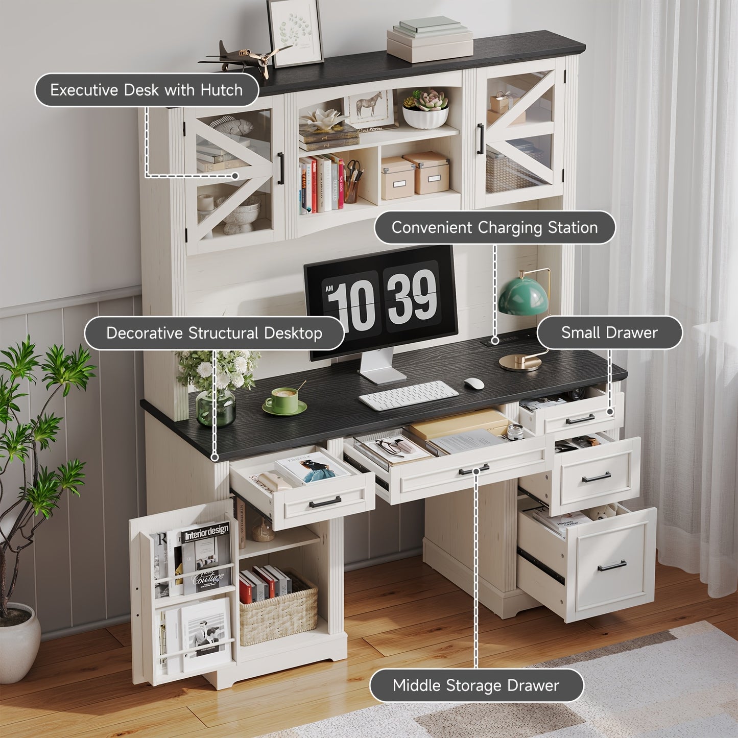 73-inch H Farmhouse Style Executive Desk with Bookshelves And Charging Station | Desk with 5 Drawers, Locker, And Cable Management System, Home Computer Workstation, Off White& Black