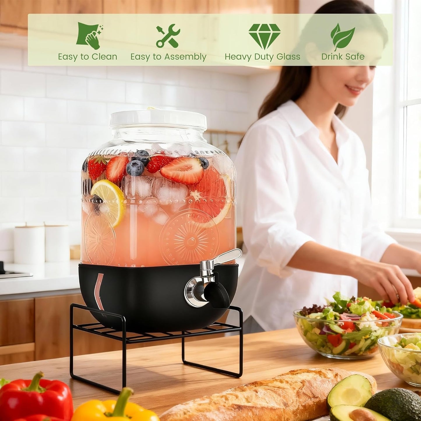 1 Gallon Glass Drink Dispensers For Parties, Leakproof/Crack-resistant Beverage Dispenser with Silicone Protective Case for Iced lemonade,Juice, Sun Tea Jar, Water, Stainless Steel Spigot
