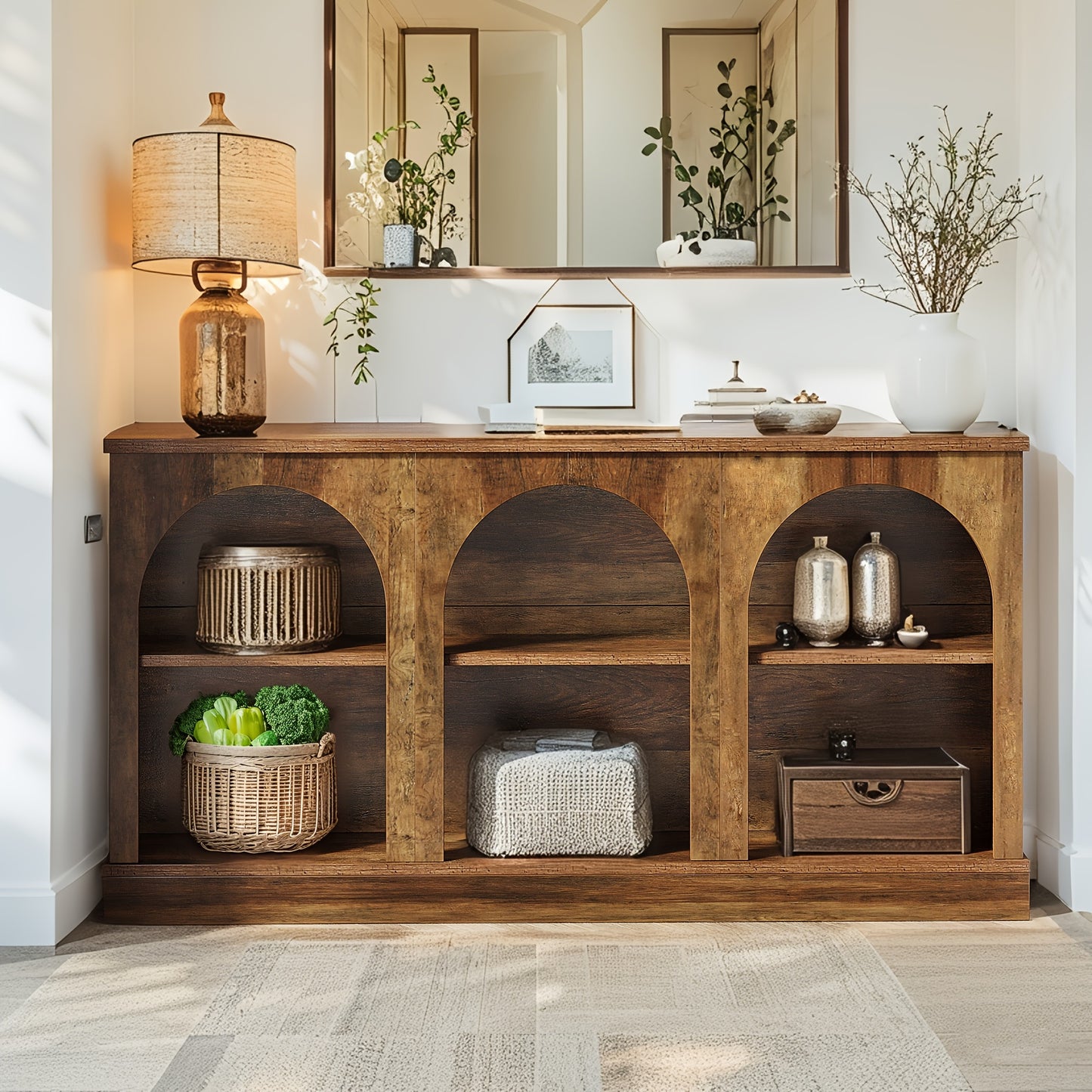 62.99" Modern Farmhouse & Industrial Console Table - -Long Sofa Table Behind Couch, Stain-Resistant Engineered Wood TV Stand with Storage Shelf, Entryway Hall Table Suitable for, Farmhouse, Apartment - Assembly, Wood Frame