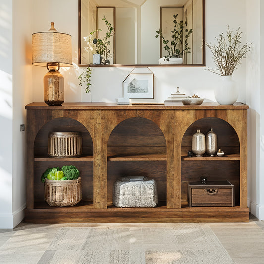 62.99" Modern Farmhouse & Industrial Console Table - -Long Sofa Table Behind Couch, Stain-Resistant Engineered Wood TV Stand with Storage Shelf, Entryway Hall Table Suitable for, Farmhouse, Apartment - Assembly, Wood Frame