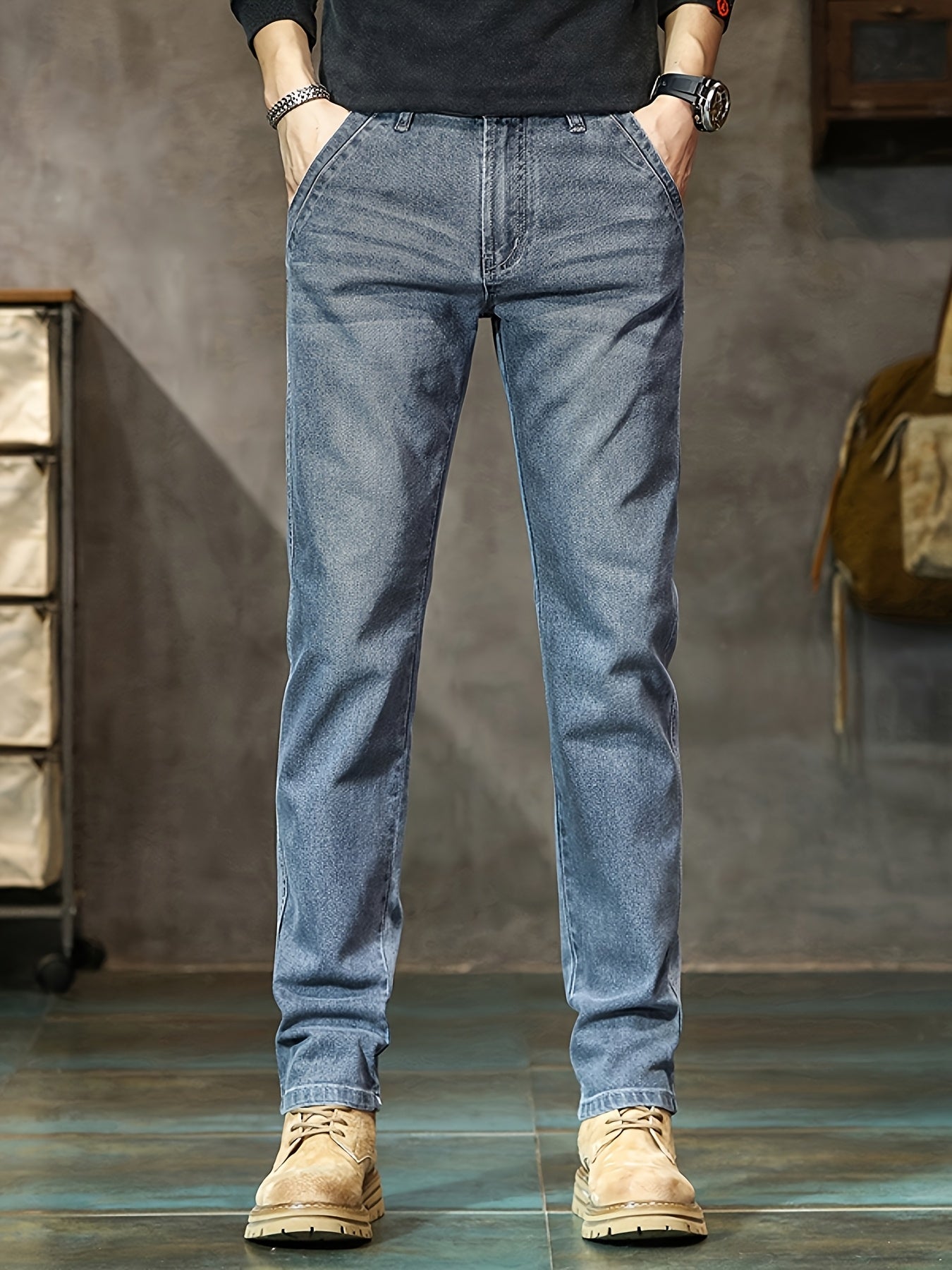 Men'S Straight Slim Jeans - Skin-Friendly Soft Cotton Blend Pants, Mid-Rise Non-Bulky Fit, Three-Dimensional Hem for Stability - Winter Jeans for Everyday & Formal Outfits - Classic Straight-Leg Denim Trousers, Straight Leg J