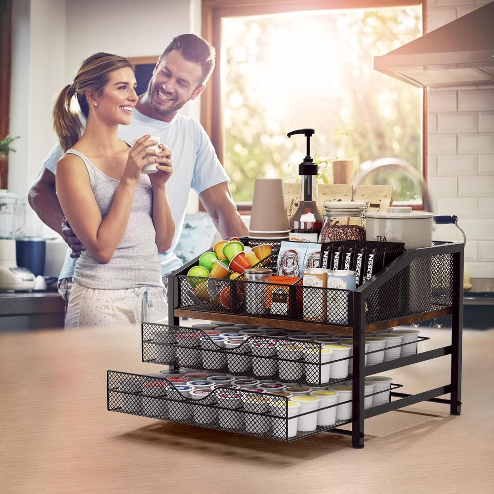 Coffee Bar Organizer - Coffee Station for Countertop | Metal and Wood K Cup Holder Storage Basket for Coffee Pods, Syrup, Cups, Stirrer, Coffee Condiment, Tea Organizer, Black and Brown, Varnished End