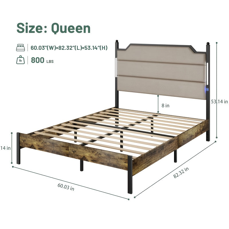 Modern Bed Frame with Built-in LED & Charging Hub, Heavy-Duty Metal Platform Bed with Panel Headboard, Tool-Free Assembly for King/Queen Size Beds, - for Smart Homes (No Wood)