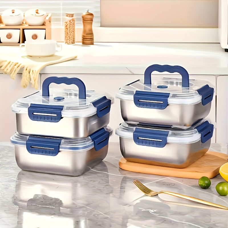 4pcs Stainless Steel Food Storage Containers with Blue Handles & Leak-Proof Lids - Dishwasher, Oven & Refrigerator Safe, Stackable Reusable Lunch Boxes for Kitchen, Microwave Compatible, Airtight Meal Prep Containers for Indo