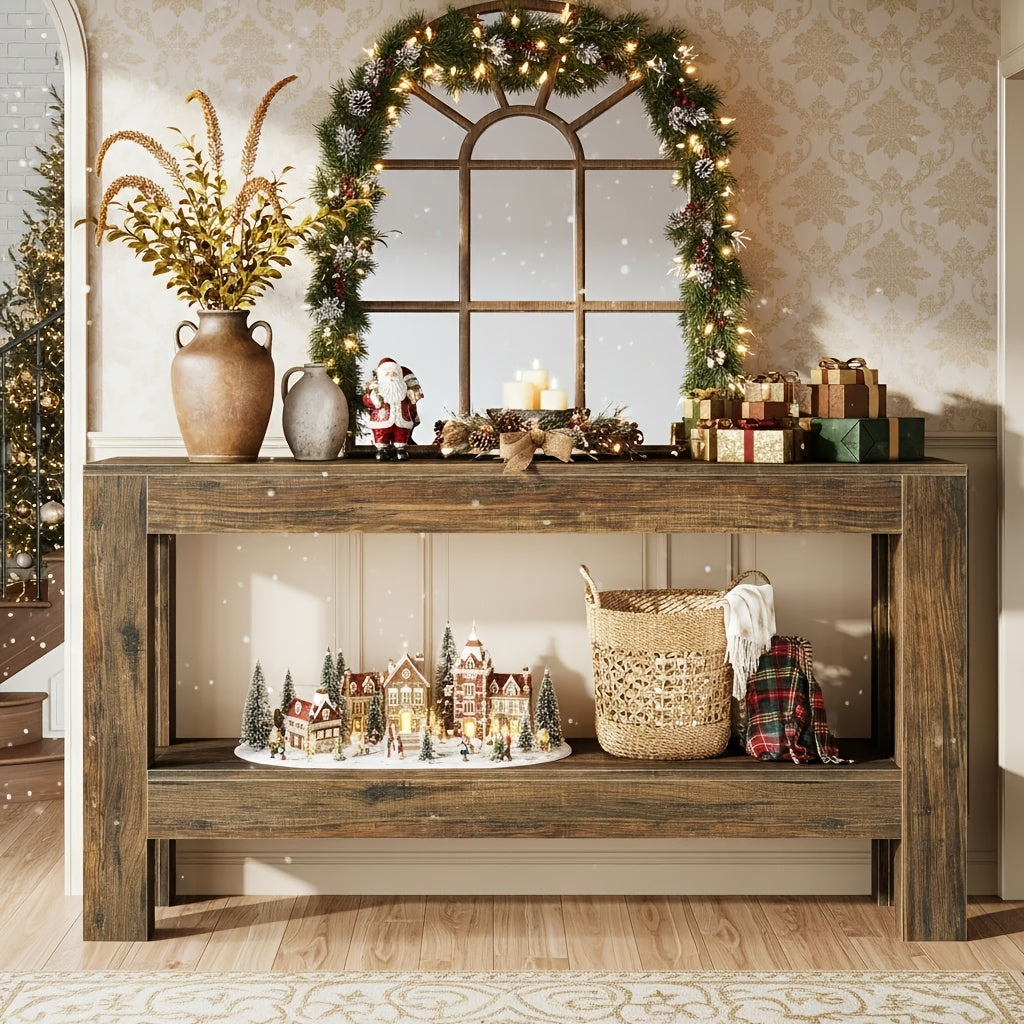 63-Inch Narrow Long Console Table | Farmhouse Wood Entryway Table For Hallway, Sofa, Entry, Entrance, Foyer, Behind Couch With 2-Tier Shelves, Brown, Byblight