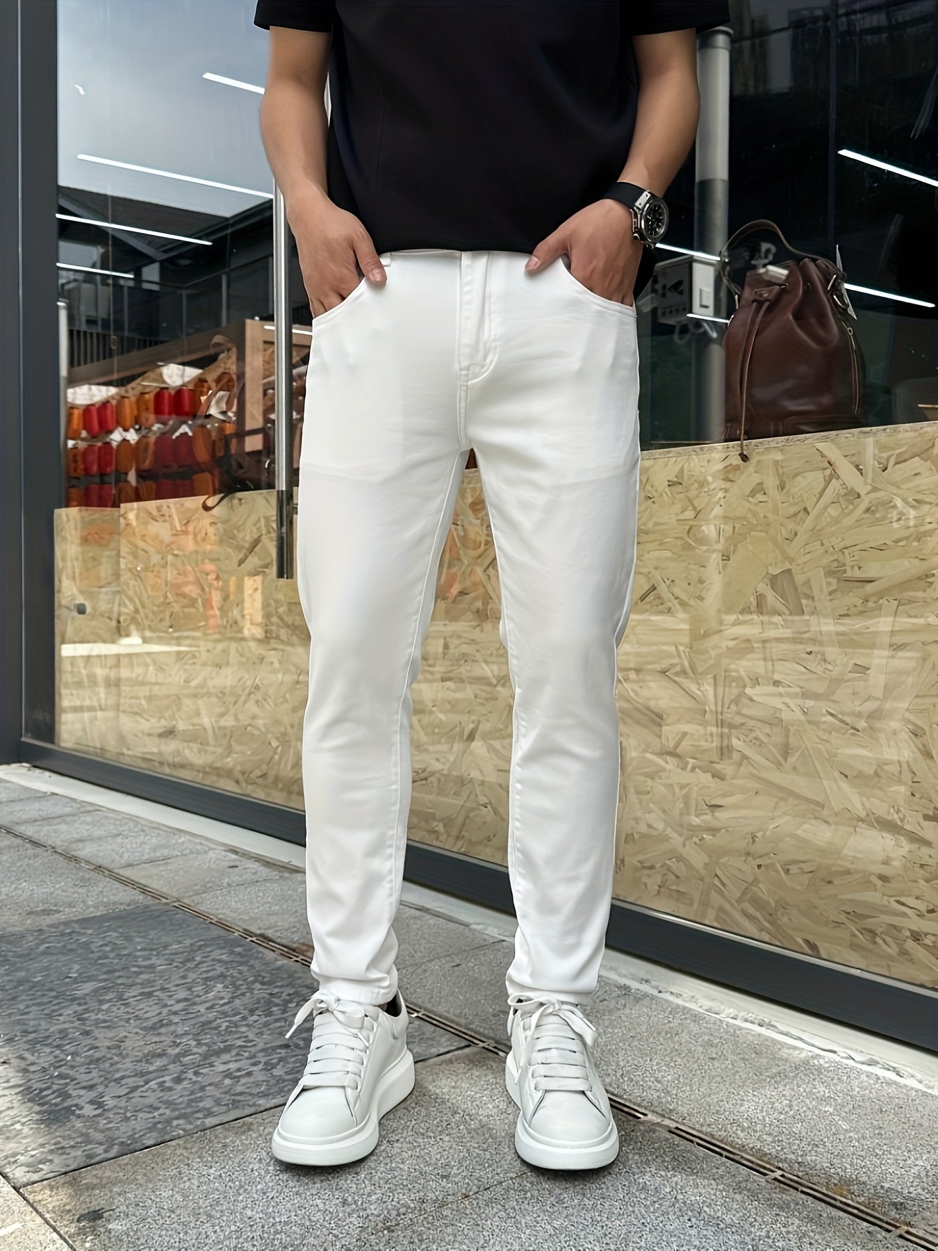 Men's White High Quality & Stretch Slim-Fit Jeans - Minimalist Straight-Leg Tapered Pants with Beltless Design, Mid-Rise & Built-In Zipper Closure, Machine Washable Casual to Formal Wear (All-Season) - Versatile Everyday Jean