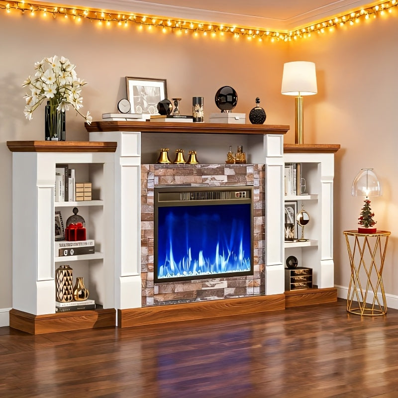 70-inch TV Stand With An Electric Fireplace And Mantel, A Contemporary Entertainment Unit Offering Open Storage, Remote Control, Adjustable Flames, And LED Lighting, Suitable For Living Rooms And Bedrooms And An Excellent New