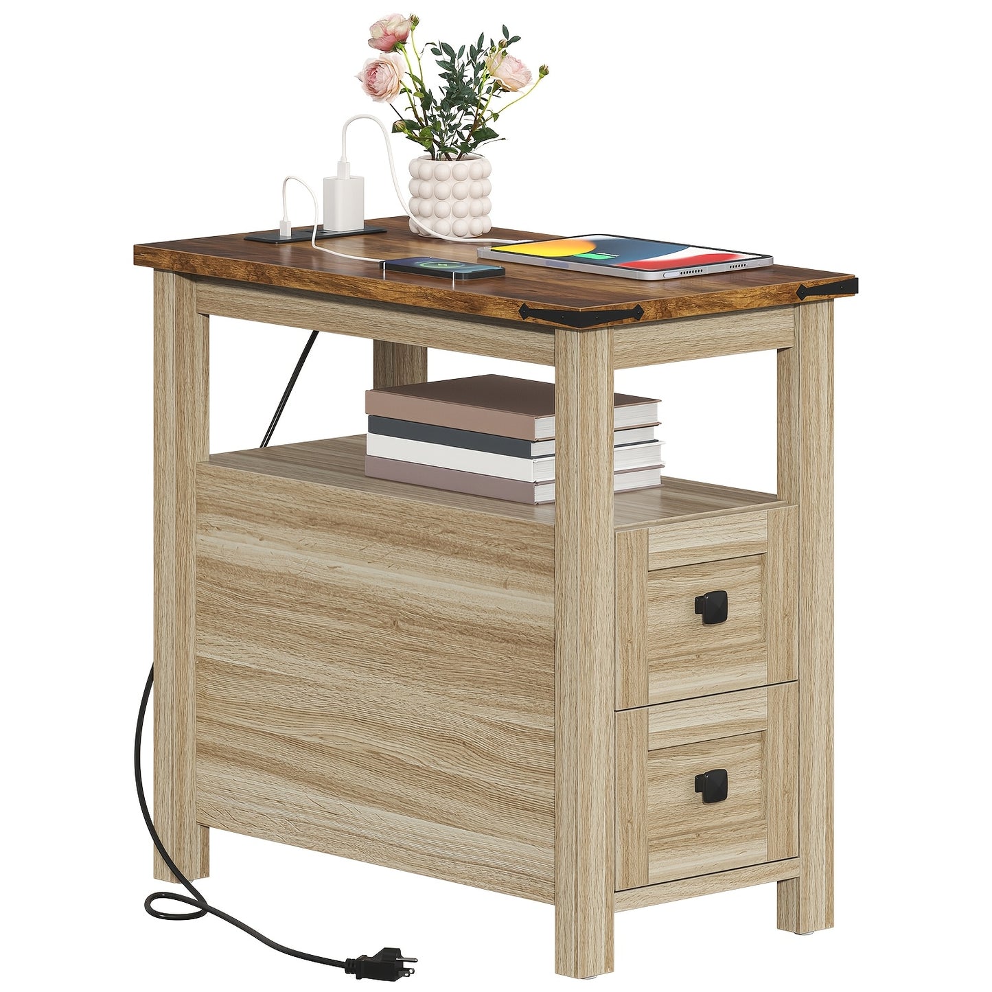 2-Drawer Slim Space-Saving Retro Coffee Table Suitable for Small Spaces - Narrow Sofa Side Table & Bedside Table with Drawers, Assembly, Modern Minimalist Design for Living Room, Bedroom or Office (Available in White/Blue/Che