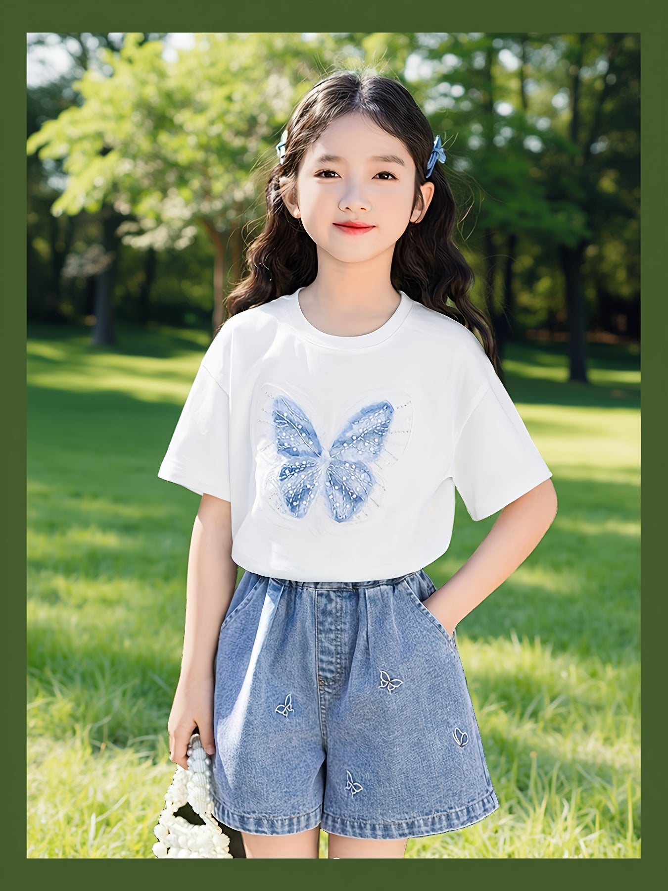 Girls' Blue Denim Shorts with Butterfly Embroidery - No-Iron Short-Cut Capri Length, Elastic Waist & Belt-Free Design - Soft Breathable ' Jeans for Summer Play, Casual Outfits ( to Teen) - Durable Everyday Shorts, Shorts For