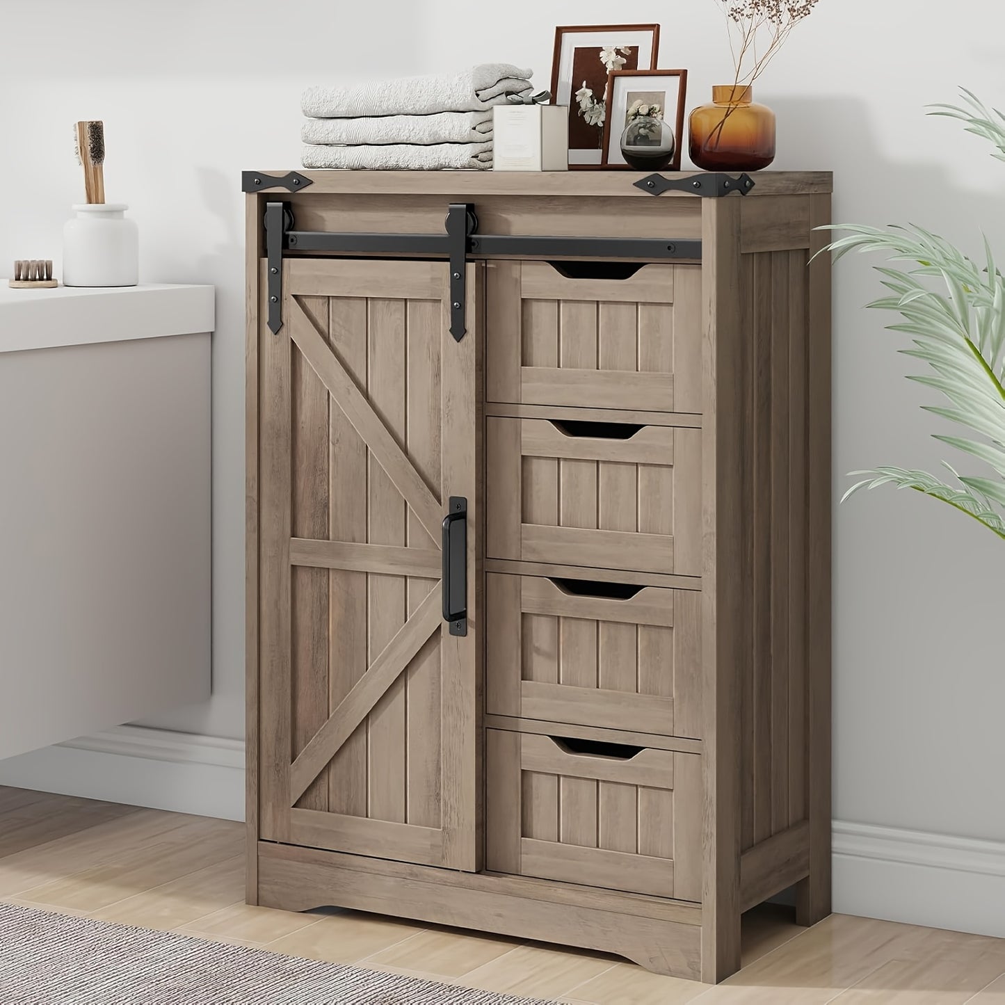 Farmhouse Bathroom Floor Storage Cabinet | 4 Small Drawers for Easy Sorting, Hardwood, White, VABCHES