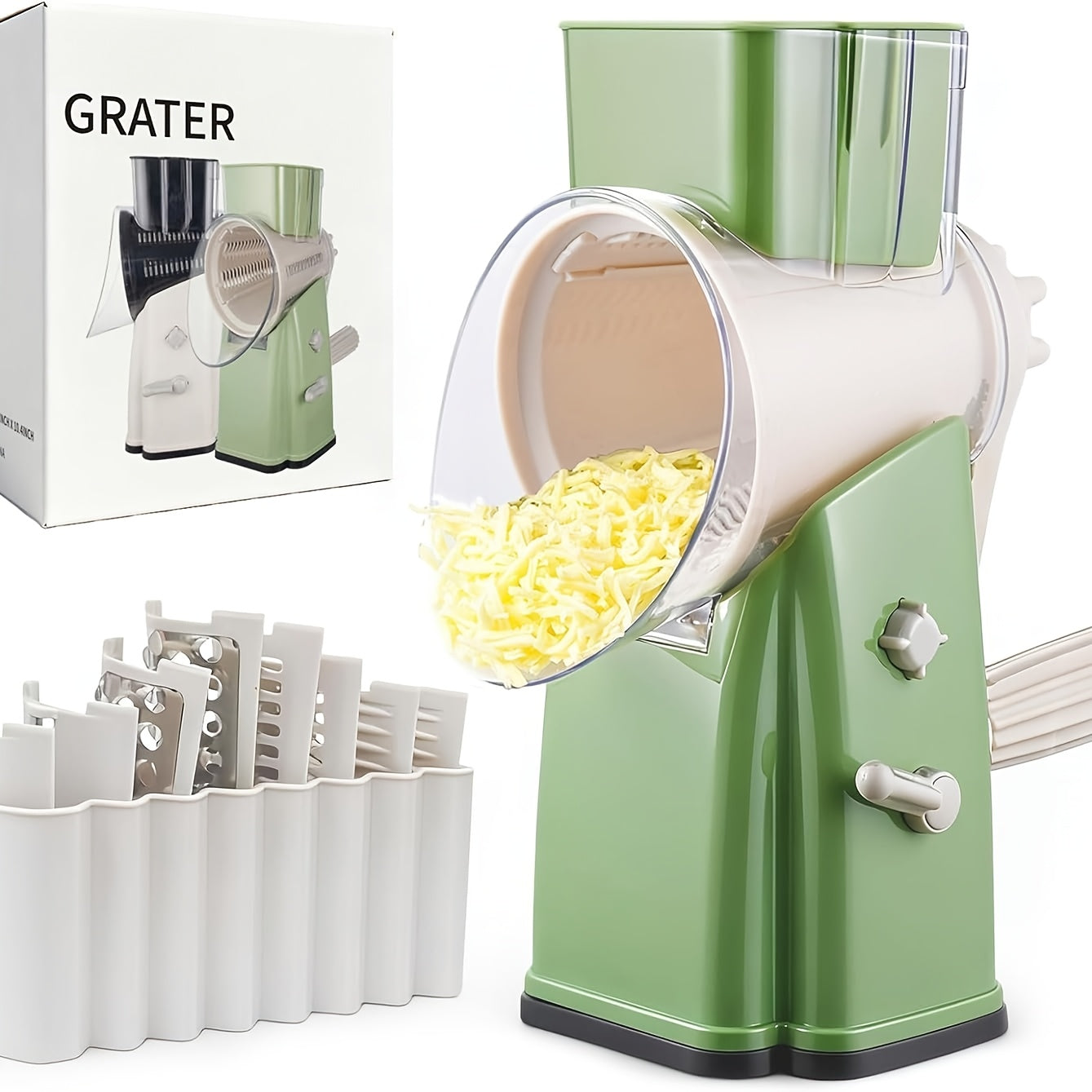 Heavy-Duty Rotary Cheese Grater Shredder with 5 Interchangeable Blades & Storage Box - Multi-Purpose Processor for Ice, Vegetables, Fruit, Nuts - Heavy-Duty Plastic Grater Slicer with Base, Suitable for & Commercial Use