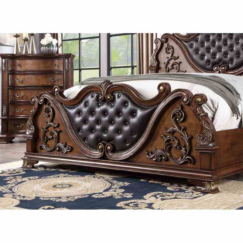 Luxurious Brown Cherry Traditional Queen Size Bed Tufted Leatherette HB FB 1pc Bed Bedroom Furniture Wooden