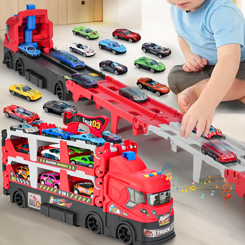 Battery-Powered Red Double-Decker Truck with Foldable Ejectable Track - 6 Alloy Mini Cars Included - Push Operation Playset for Ages 3+, Ideal Birthday, Halloween, Easter Gift