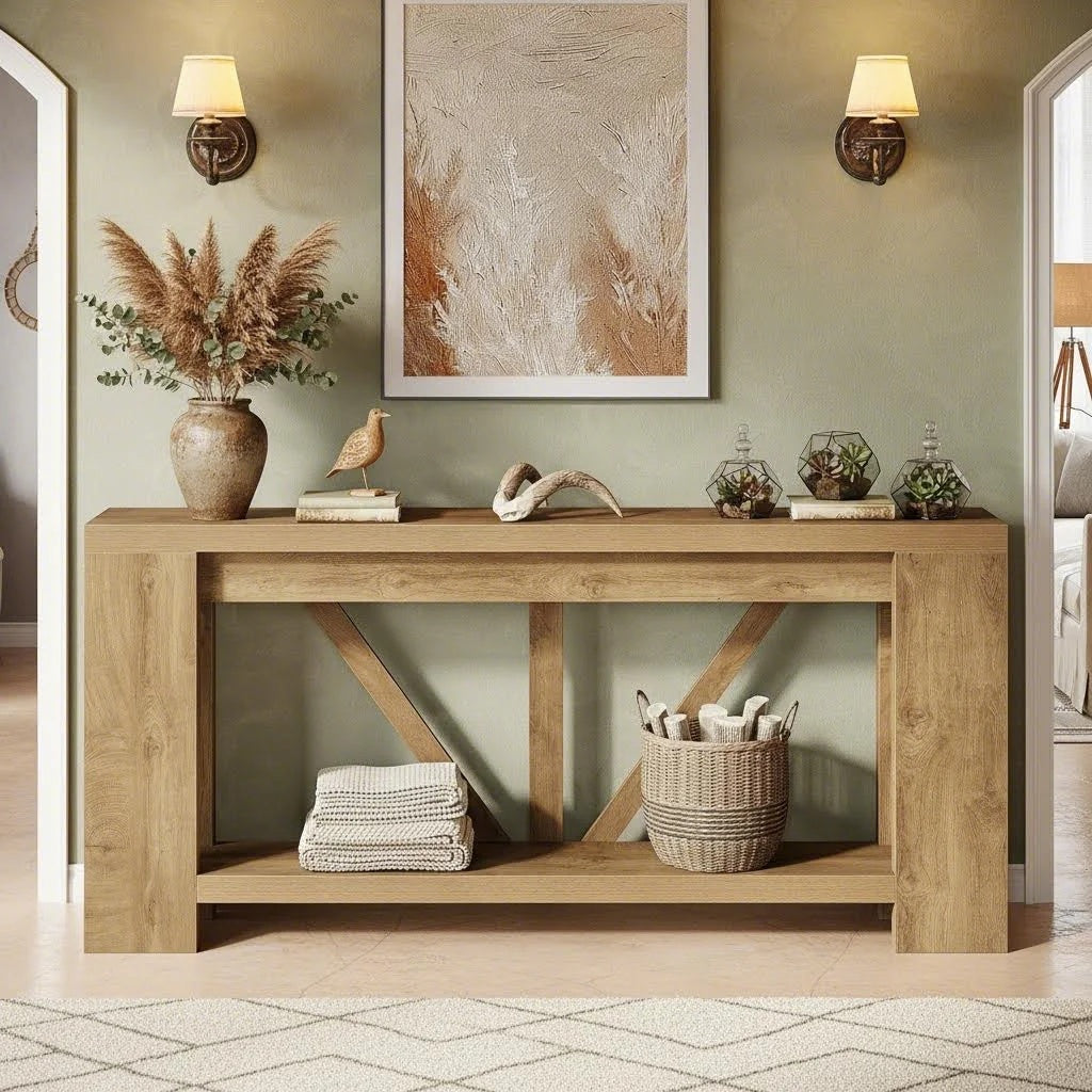 70.9 Inch Light Brown Farmhouse Wood Console Table | Extra Long Sofa Table Behind Couch for Holiday Home Decor, BYBLIGHT, Engineered Wood, Contemporary Style