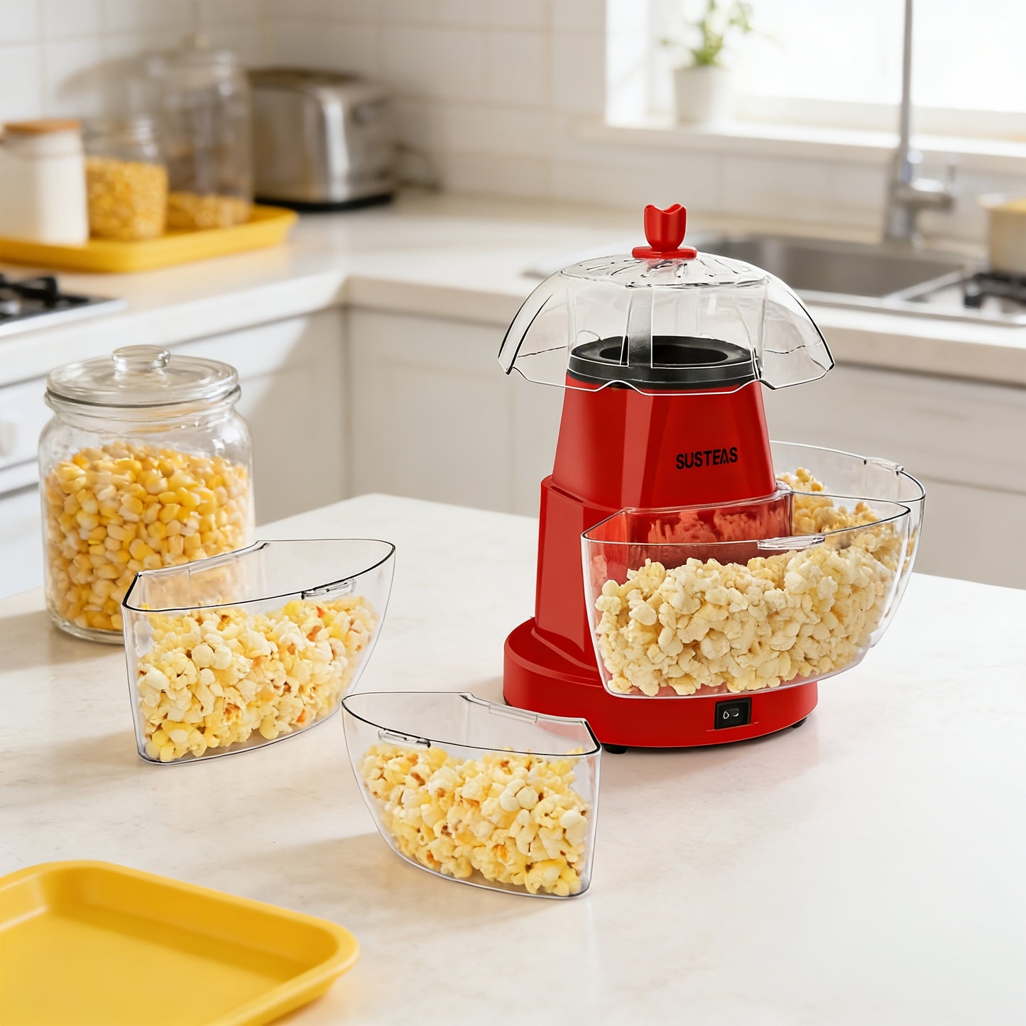 Upgraded Electric Popcorn Machine with 4 Serving Bowls, Quick 5-Min Hot Air Popper, Easy-Clean Snack Machine for Healthy Oil-Free Popcorn, Ideal for Movie Nights, Parties, Game Days, Family Gatherings, Everyday