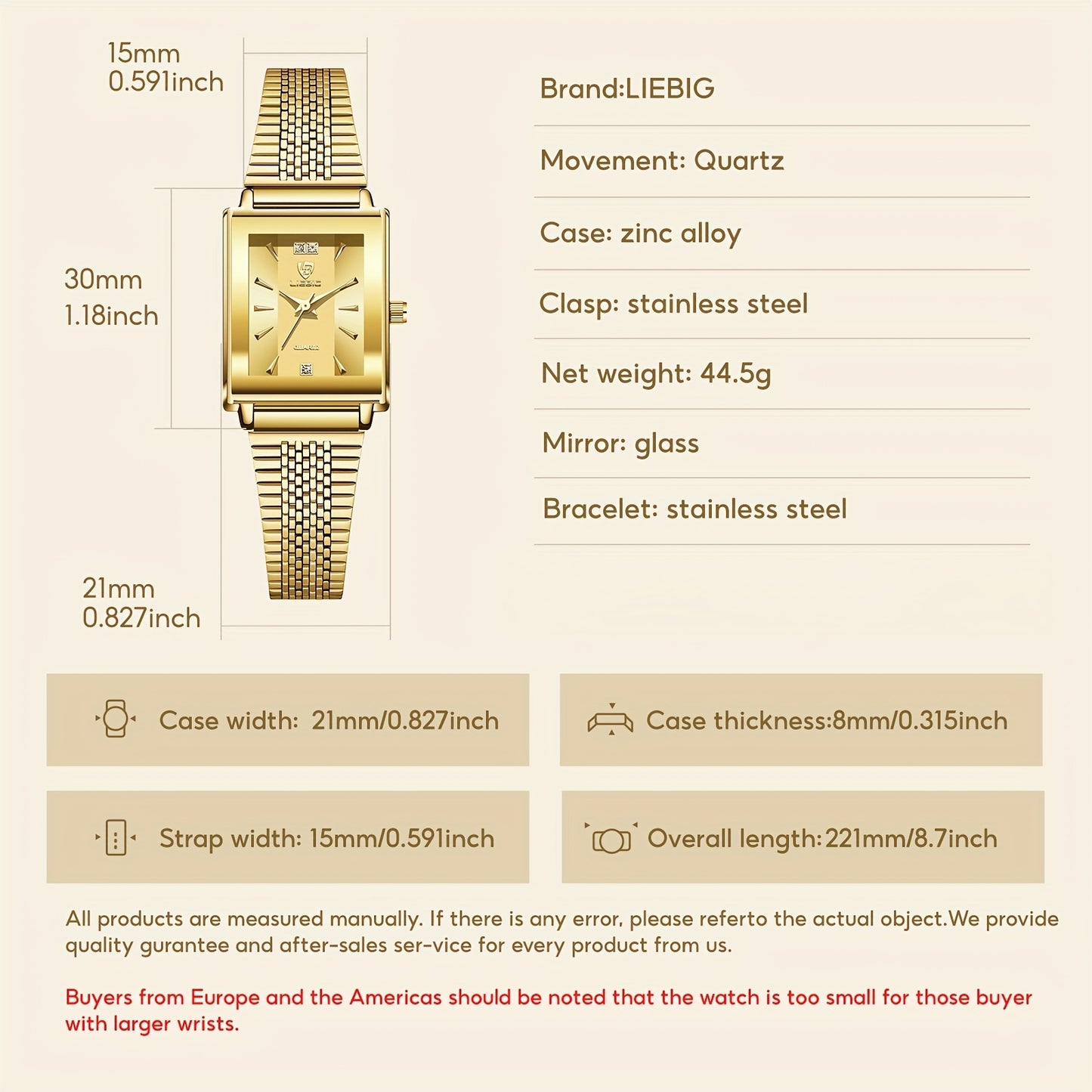 LIEBIG Luxury Women's Watch - Elegant Square Black Dial with Golden Markers, Adjustable Stainless Steel Band, Night Light & Quartz Movement, Perfect for Office & Special Occasions (Birthday/Anniversary Gift), Formal Accessory