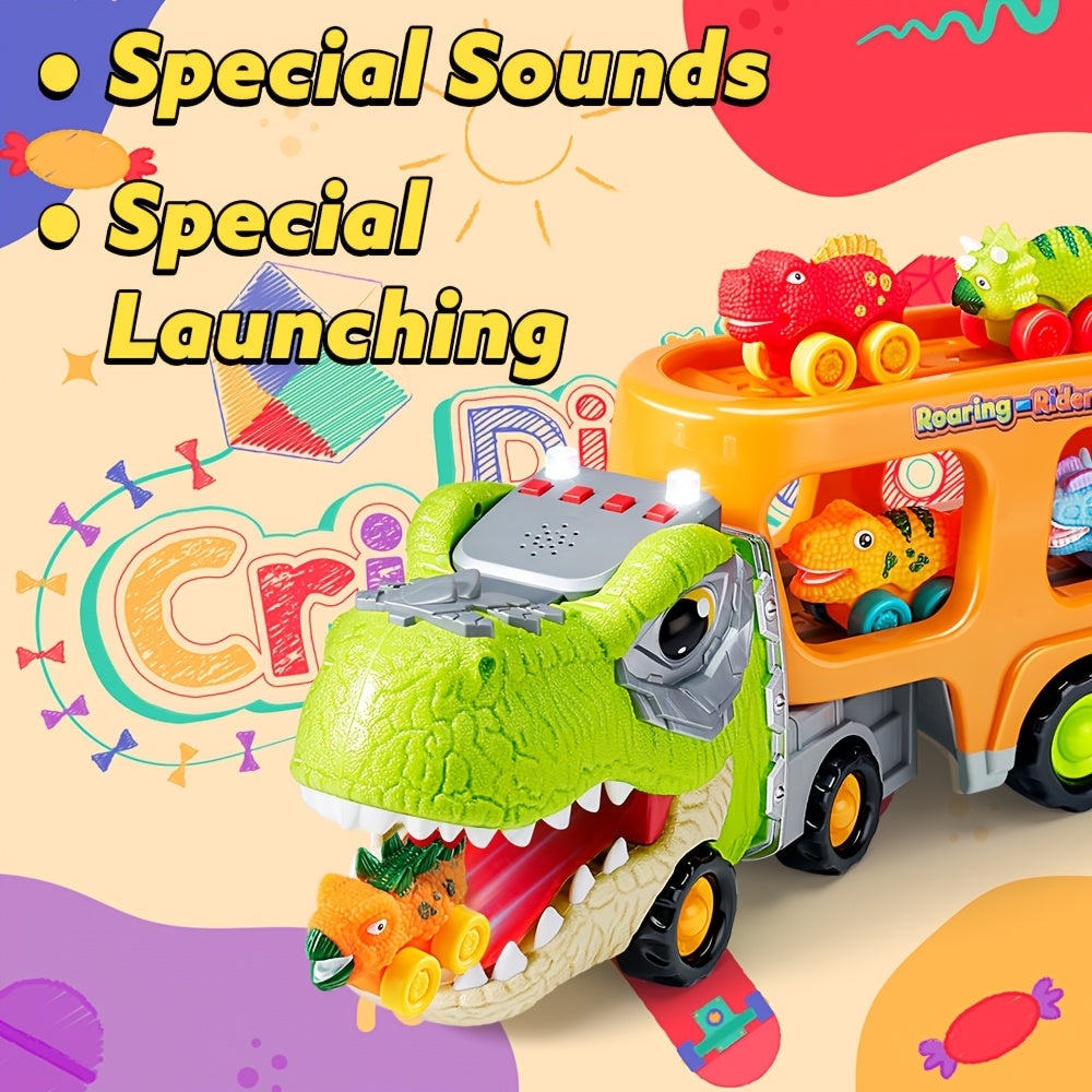 Dinosaur Truck toy for Kids, Dinosaur Car Carrier Truck with 6 Rubber Car Vehicles, Birthday Party Gifts with Music & Lights for boys and girls
