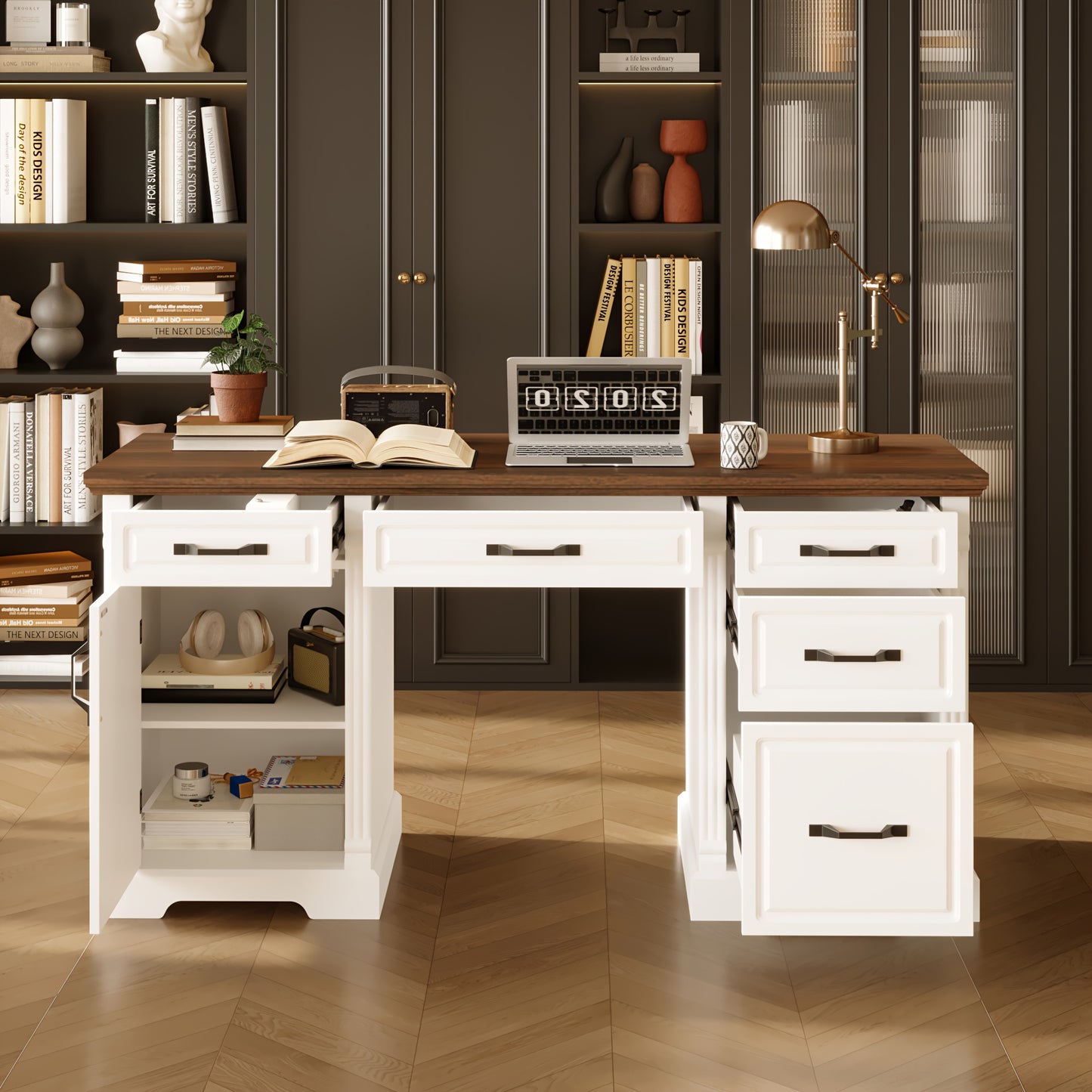 59" Modern Executive Office Conference Desk with 5-Drawer Storage, 2-Tier Cabinets & Walnut/White - Heavy-Duty -Like MDF, Spacious Walnut Veneer Countertop, Freestanding Boardroom Desk for Office, Study Room