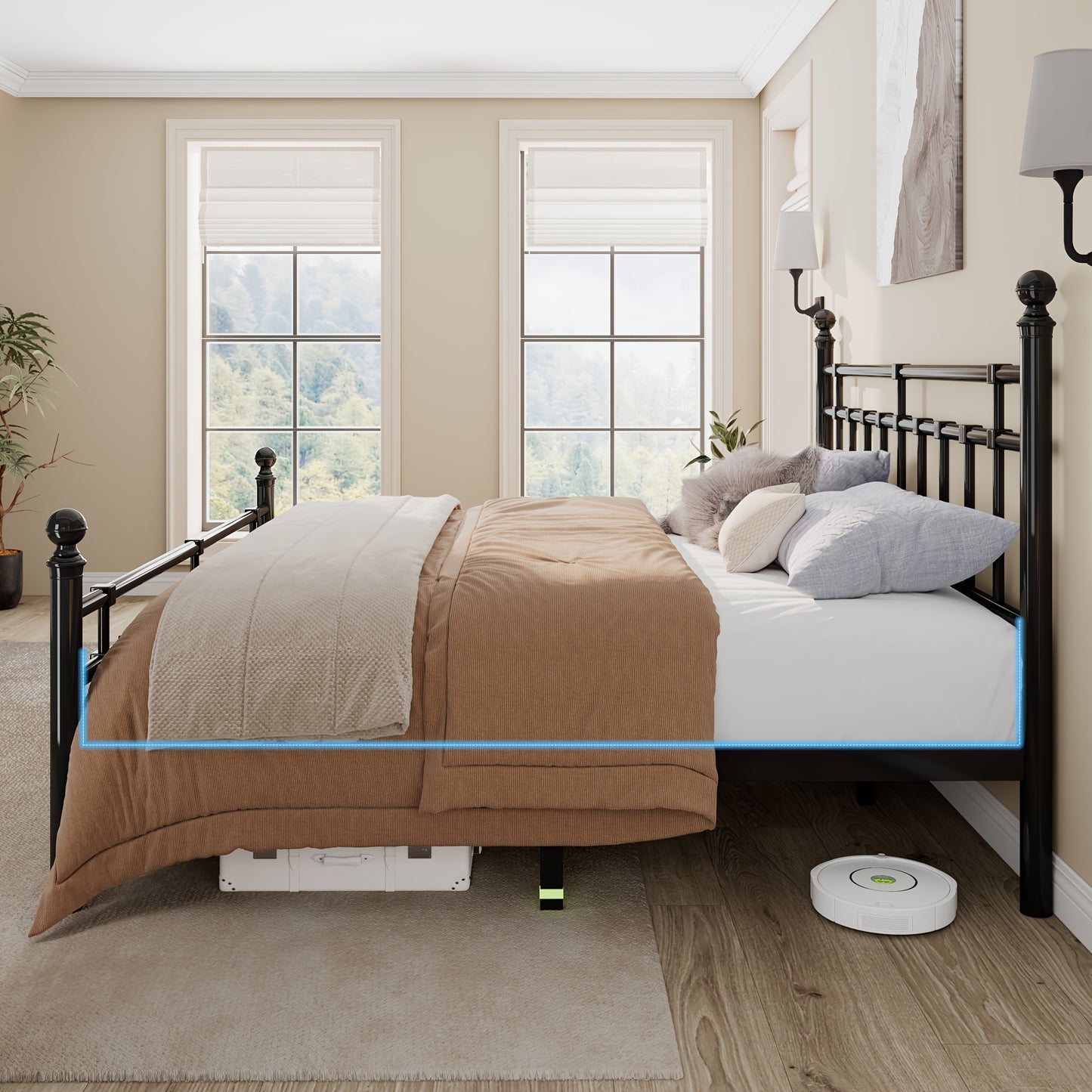 Heavy-Duty Metal Bed Frame, Platform Bed with Classic Wrought Iron-Art Headboard And Footboard, 12" Underbed Space, Easy Assembly, Black, Bed Frame Without Mattress