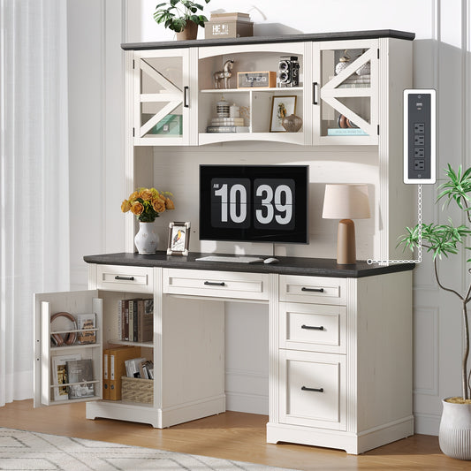 73-inch H Farmhouse Style Executive Desk with Bookshelves And Charging Station | Desk with 5 Drawers, Locker, And Cable Management System, Home Computer Workstation, Off White& Black