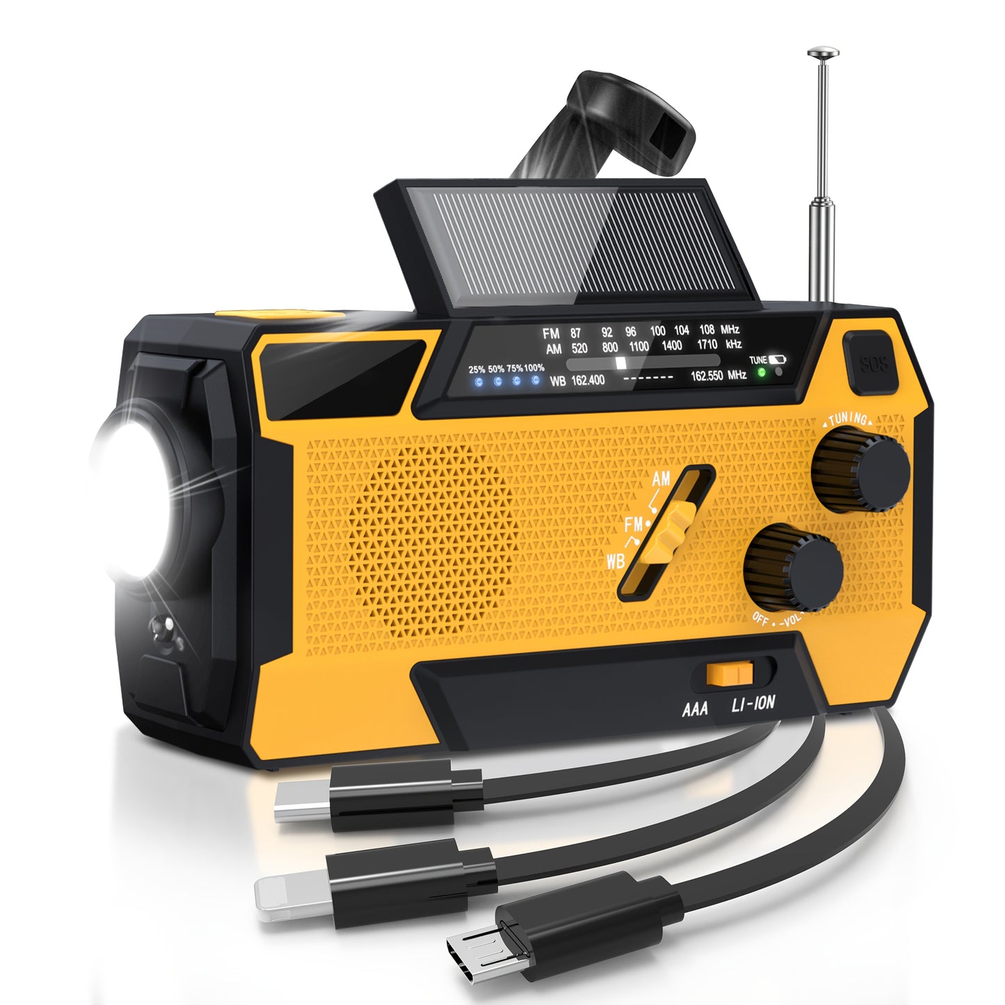 Portable Emergency Radio Survival Gear With Power Bank, AM/FM/NOAA Weather Radio, 2000mAh Lithium Battery, Featuring A Non-Extendable 3-in-1 Built-in Recharge Cable, Hand Crank & Solar Charging, SOS Alarm/Flashlight For Emerg