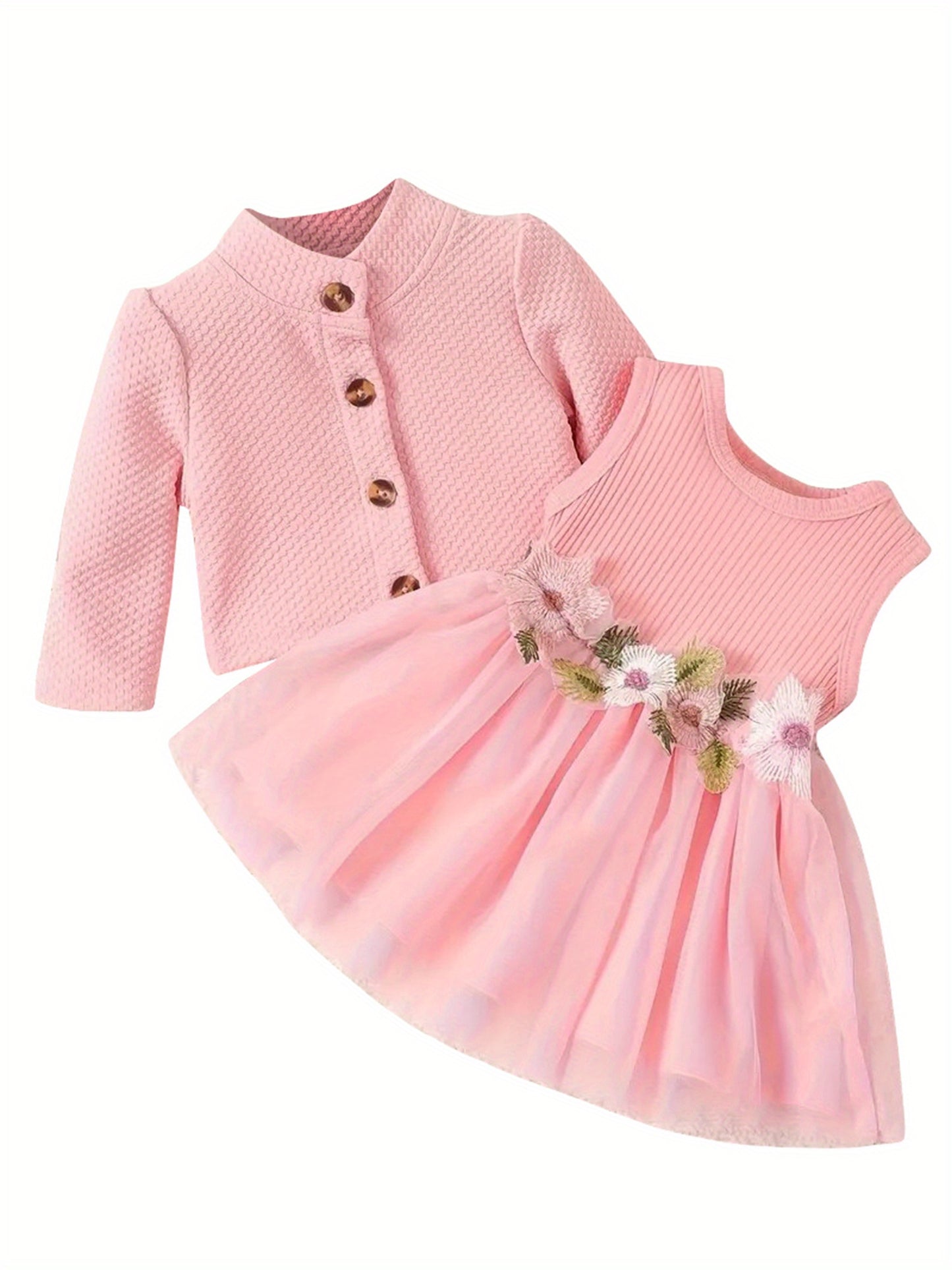 Baby Girl Fall Outfit, Long Sleeve Cardigan Coat Flower Embroidery Tulle Tank Dress 2pcs Set, for Outdoor
