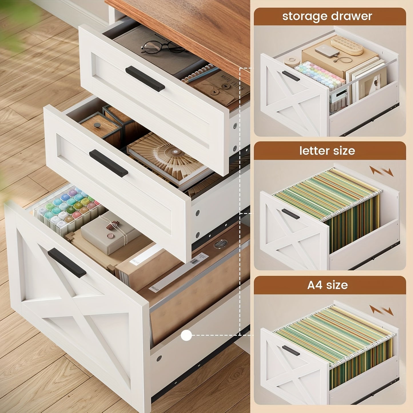 L-Shaped Desk for a Farmhouse Style, Featuring Ample Storage, a Spacious Computer Workspace with Power Outlets, Drawers, And Open Shelving, Designed for Corner Placement, with a White And Brown End