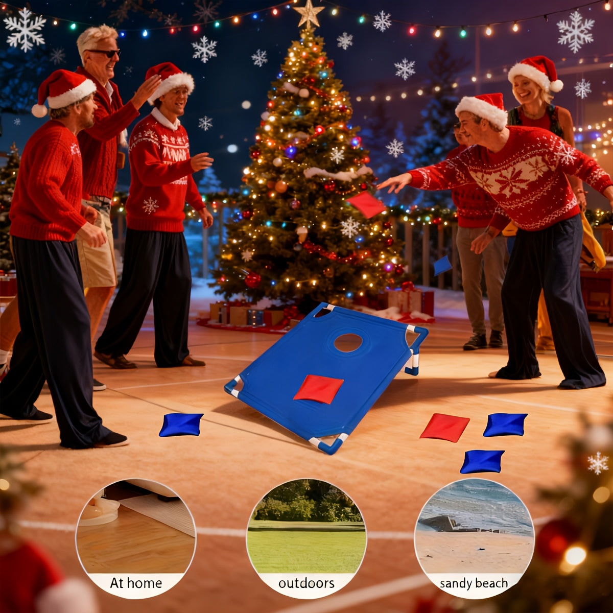 A Foldable And Sturdy Red And Blue Corn Hole Game Set, Perfect for Outdoor Gatherings, Camping Trips, And Backyard Fun. It Includes 6 Bean Bags And Does Not Need Batteries, Making It Ideal for Christmas And Halloween Celebrat