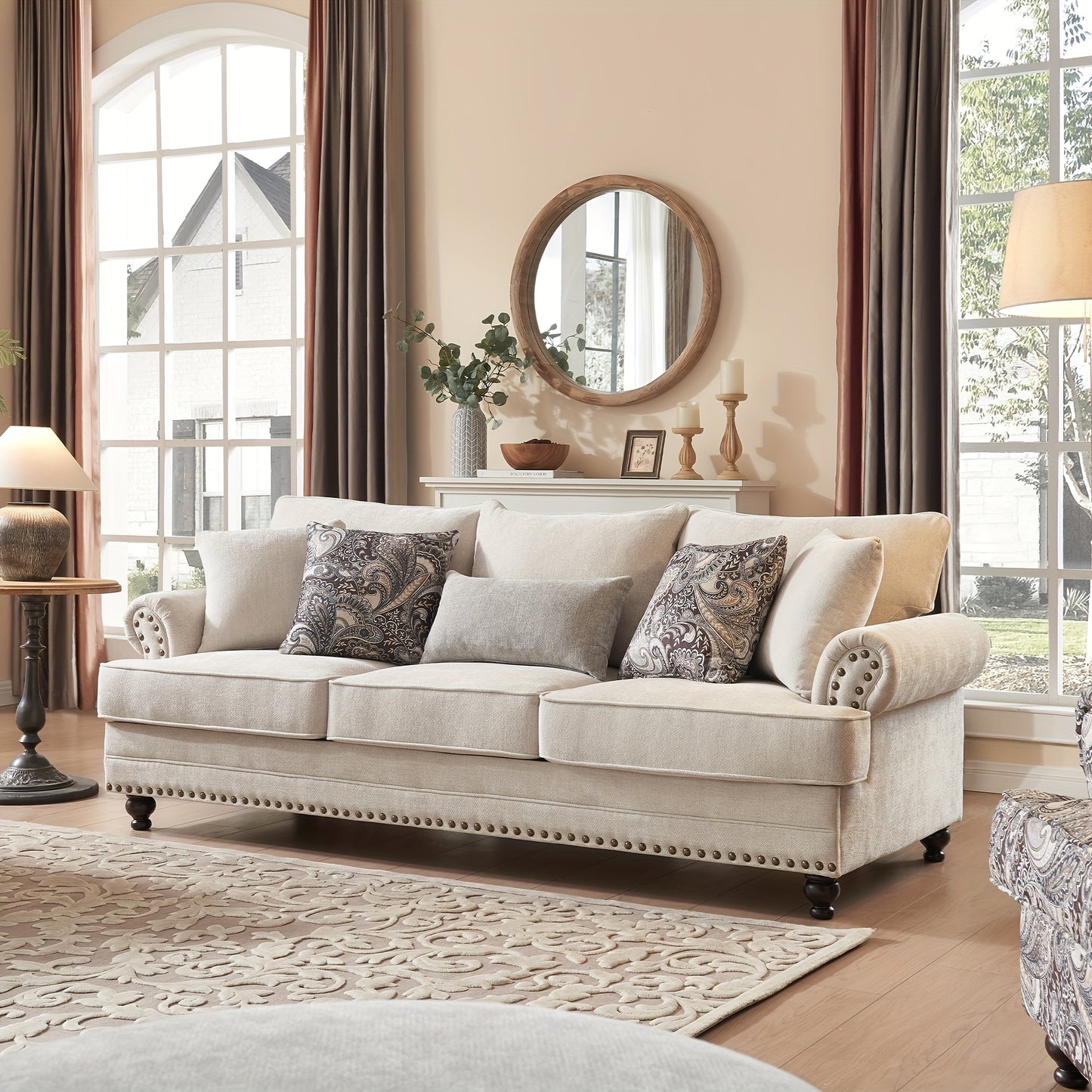 Modern Farmhouse Loveseat And Sofa Set, Chenille Upholstered Couches with Nailhead Trim, Wooden Legs, 9 Accent Pillows, Comfy Sleeper for Living Room