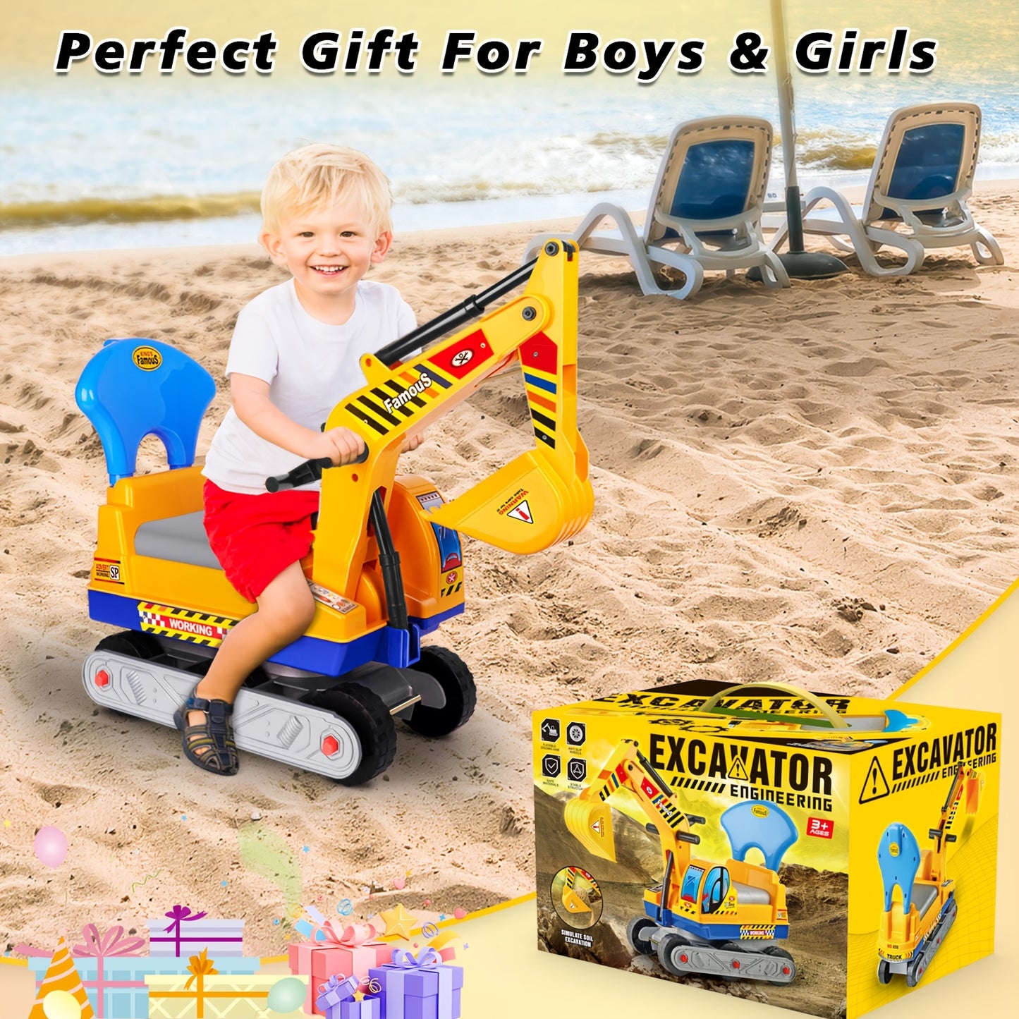 Ride-On Excavator Toy Tractor with Movable Arm & Mobile Base - Green/Yellow Construction Truck with Storage Basket, Realistic Digging Bulldozer for &, Birthday/Christmas/Halloween Gift (Ages 1+)