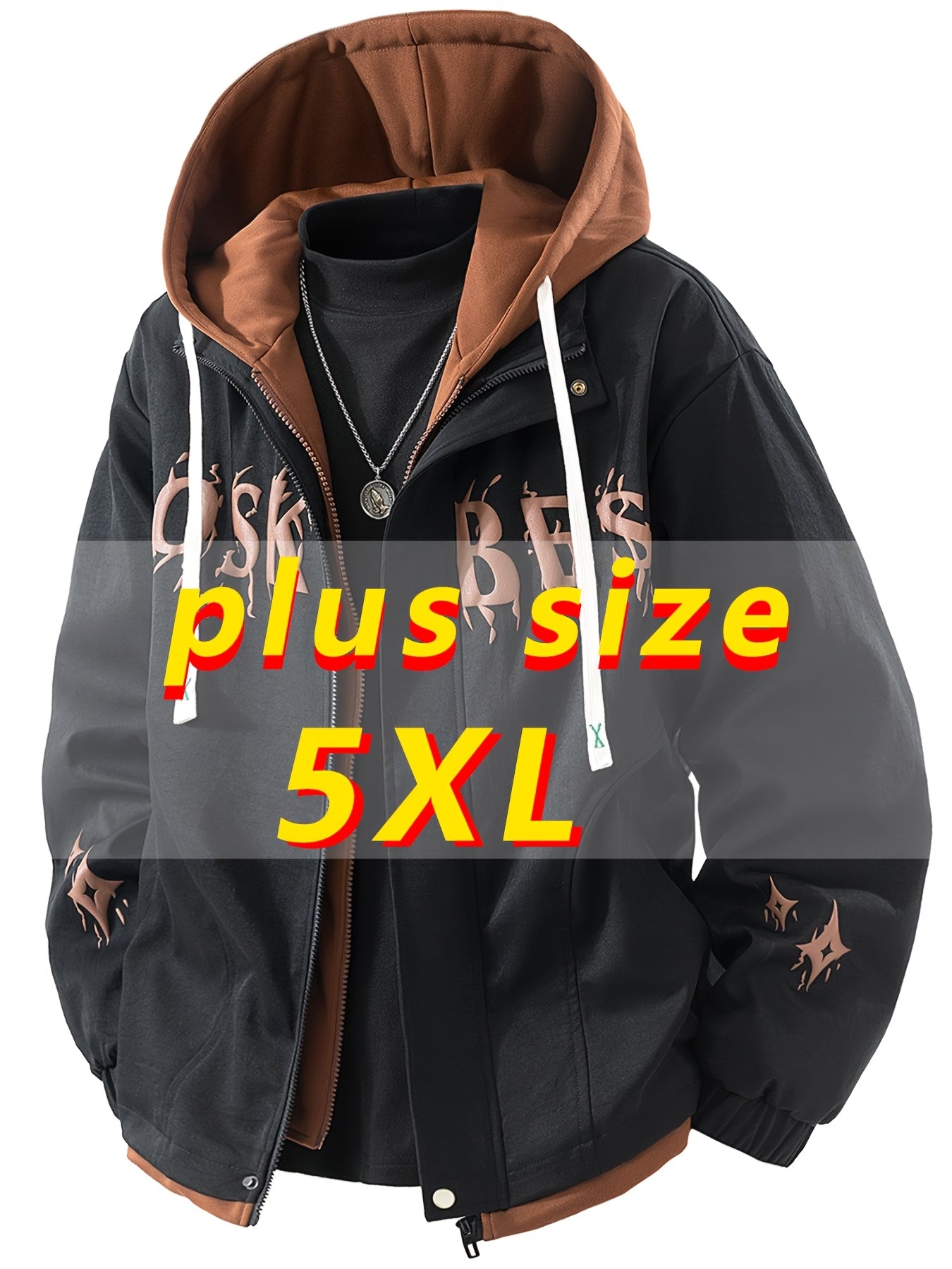 Men'S Urban Fashion: A Large, Color-Blocked Hooded Jacket Featuring Striking Text And a Faux Layering Style, Along with a Spring Crewneck Sweatshirt Designed to Look Like a Two-Piece, And a Casual Zip-Up, Plus Size